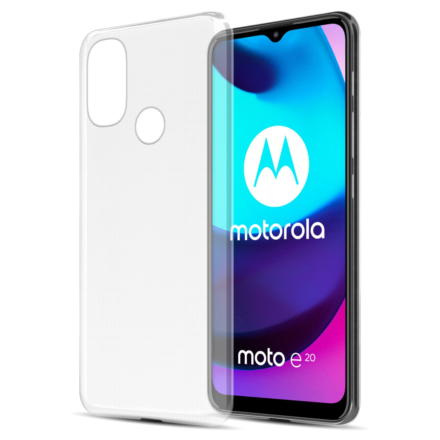 Un telefono e una custodia trasparente. Il telefono ha uno schermo colorato. La custodia ha un ritaglio per la fotocamera.