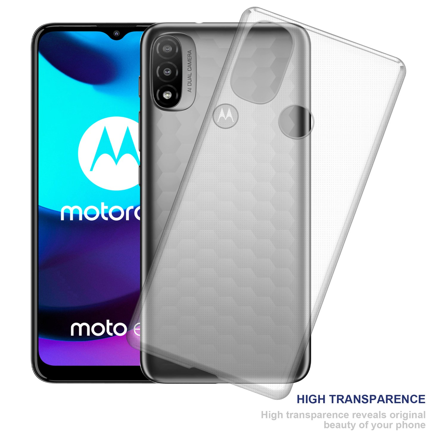 Un telefono in una custodia trasparente. Testo: Alta Trasparenza. Schermo visibile.