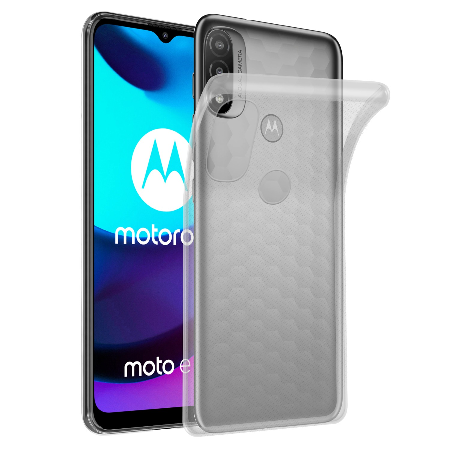 Custodia trasparente su un telefono. La custodia copre la parte posteriore e i lati del telefono.