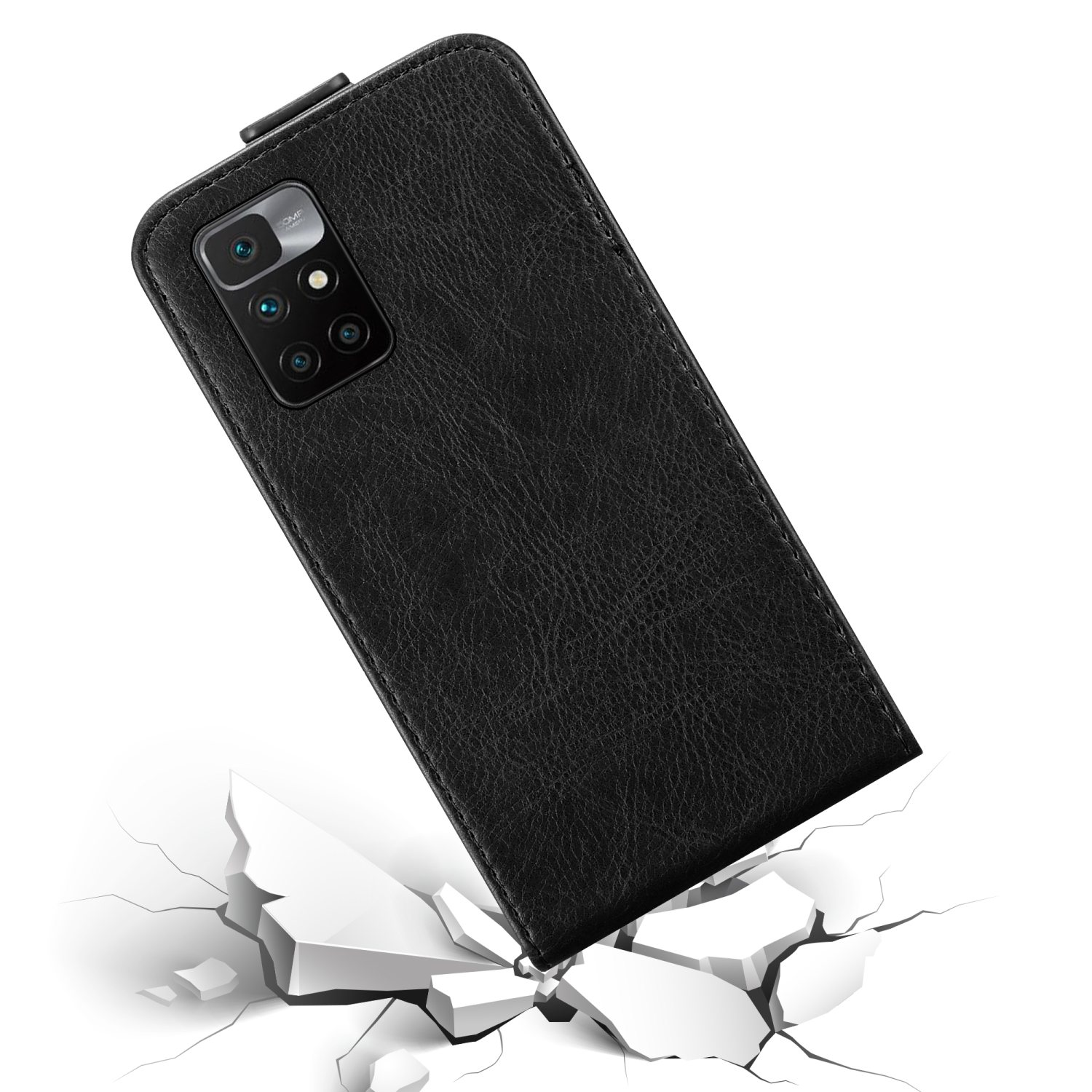 Custodia in pelle nera che cade. Sfondo bianco con crepe sotto. Telefono sulla custodia.