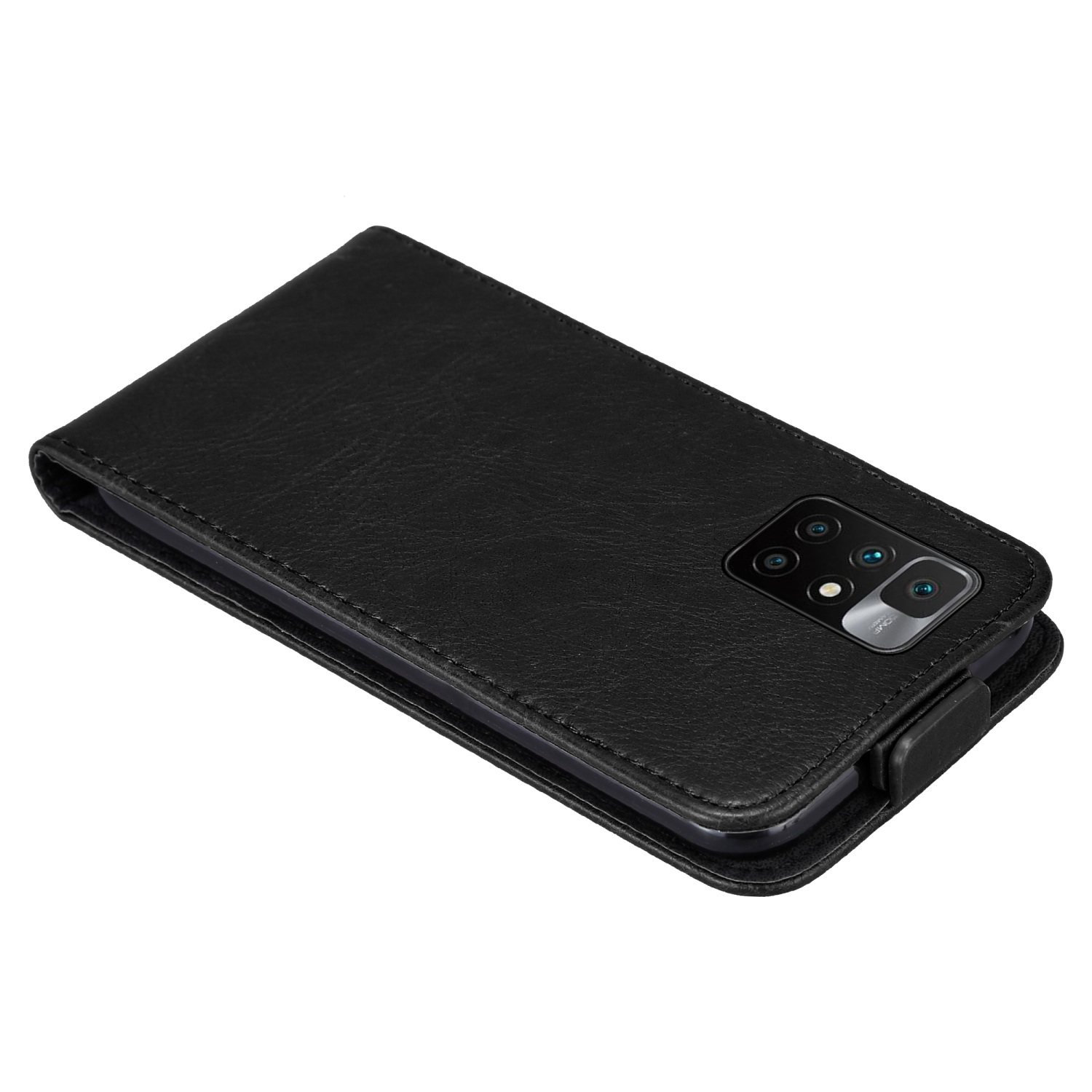 Custodia per telefono nera con un telefono all'interno. La custodia ha fori per la fotocamera.