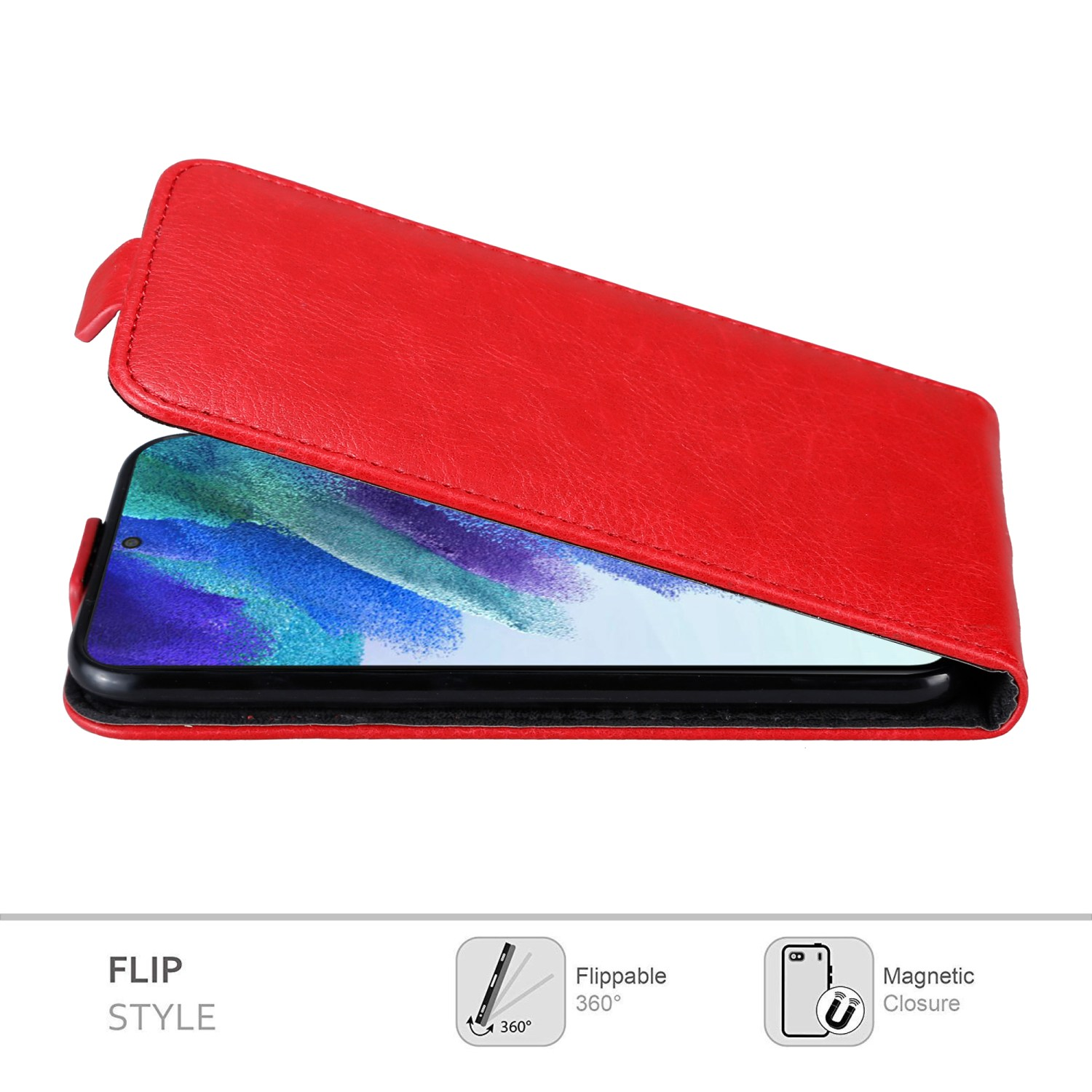 Eine rote Flip-Handyhülle mit einem geöffneten Telefon, das den Bildschirm zeigt. Weißer Hintergrund.