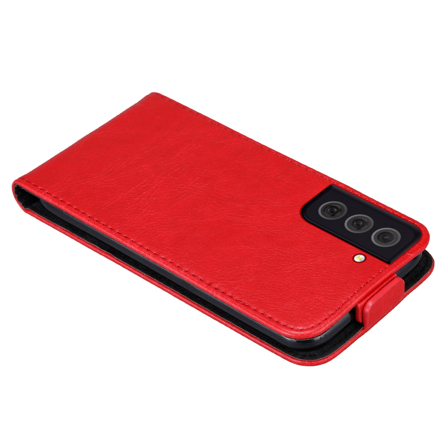 Rote Handyhülle mit Telefon darin. Geschlossen, mit Klappe. Telefon hat Kamera an der Seite.