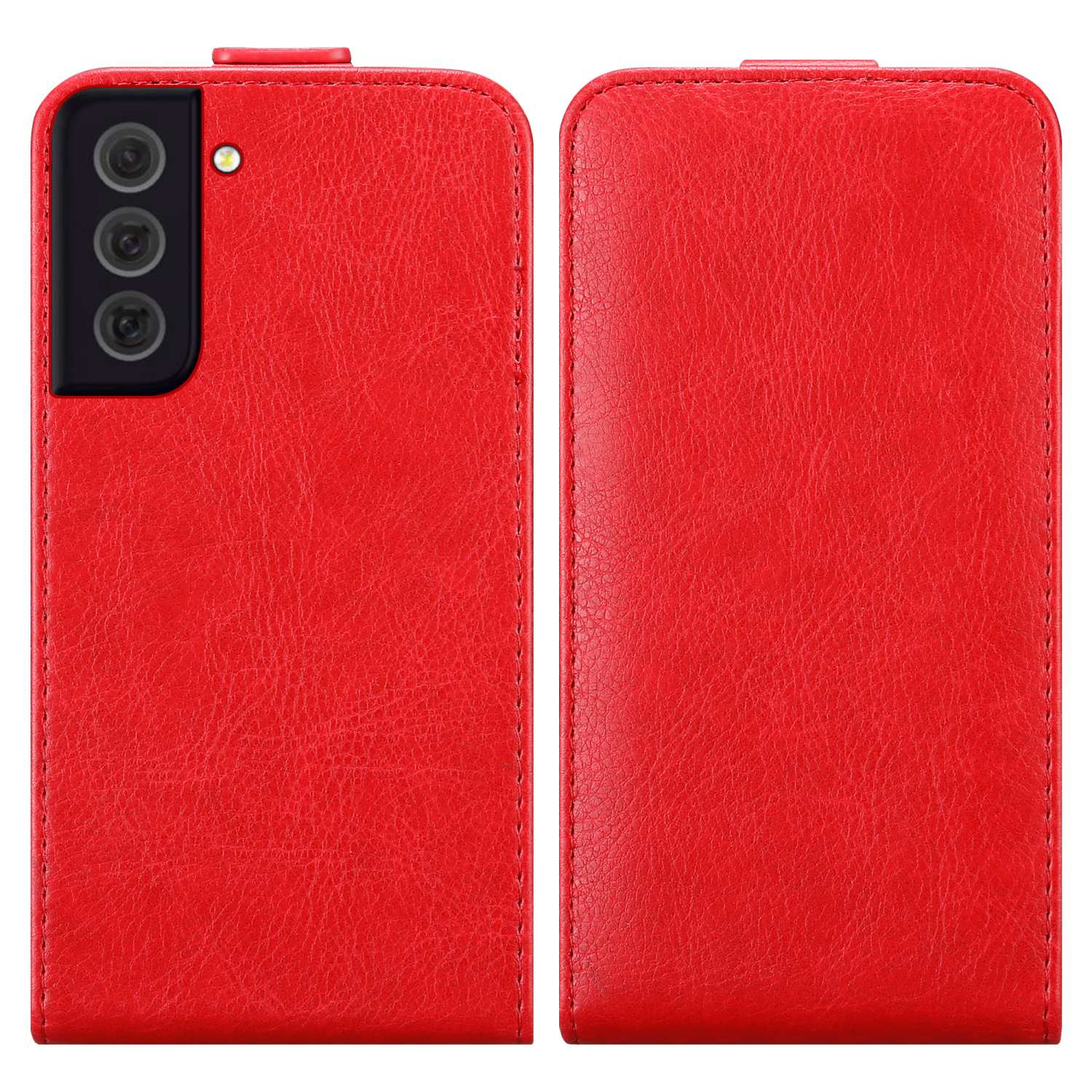Rote Handyhülle, Vorder- und Rückansicht. Strukturiertes, lederartiges Material. Telefon-Features.