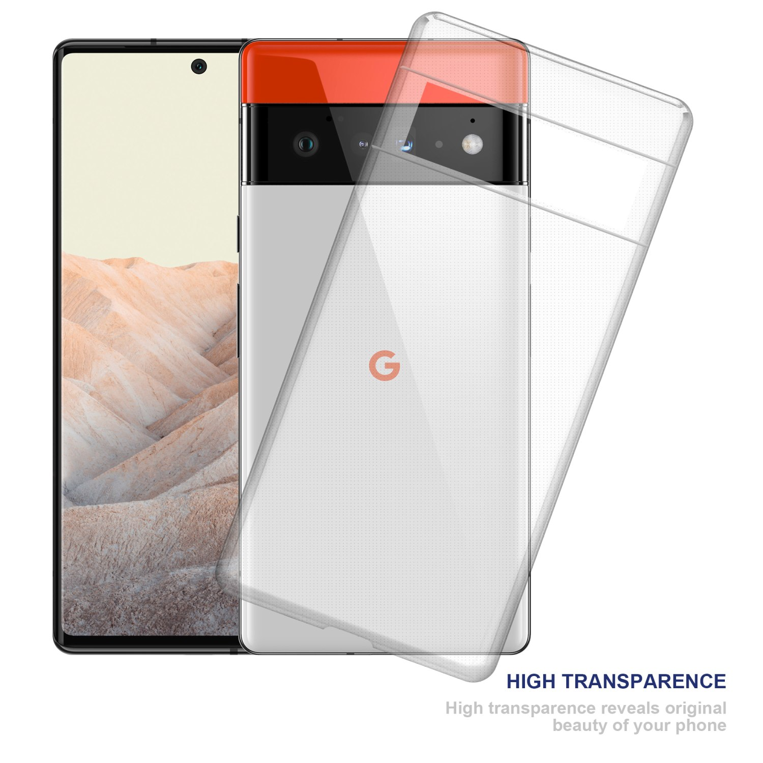 Ein Telefon in einer transparenten Hülle, das das Design des Telefons zeigt.