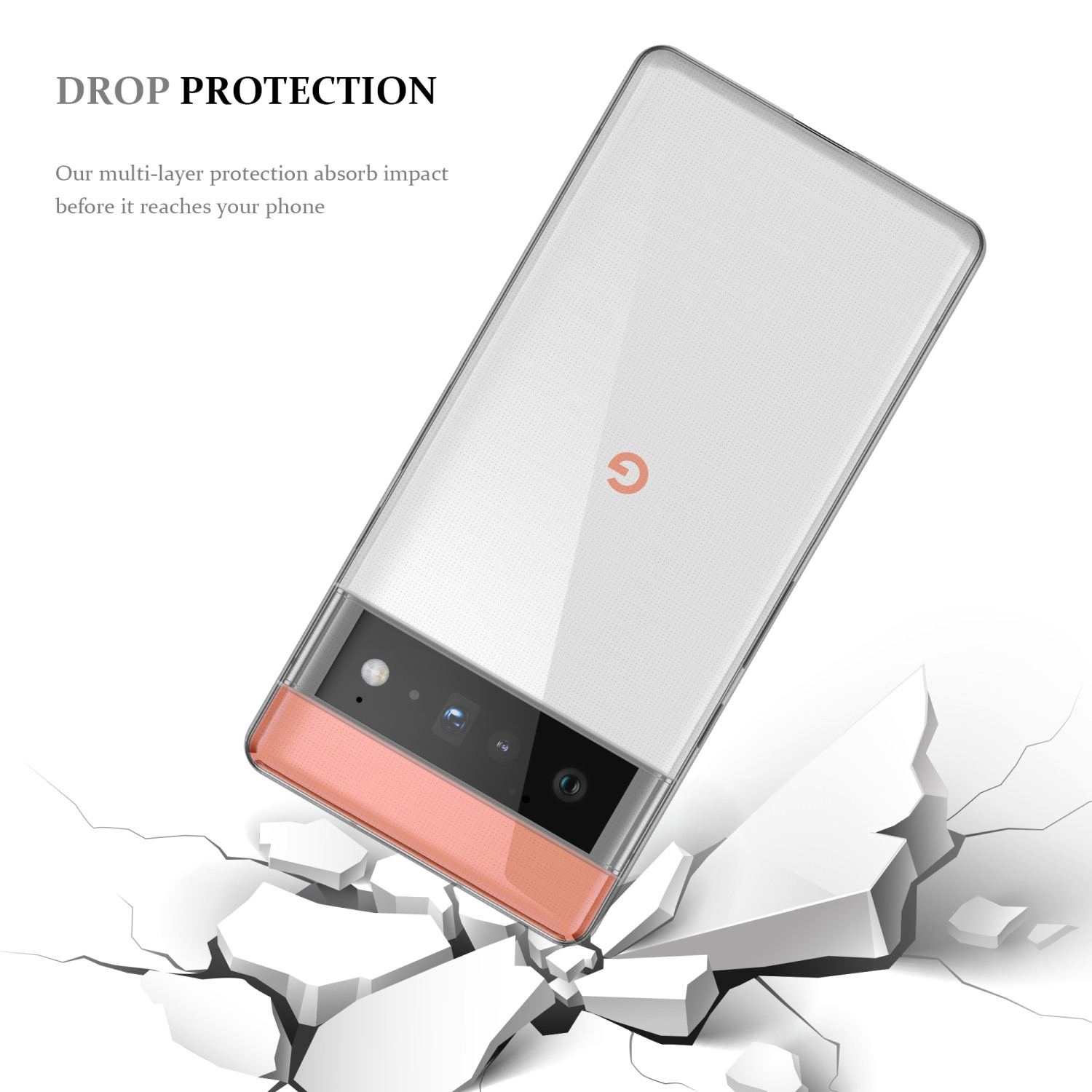 Transparente Handyhülle mit einem Telefon. Die Hülle ist abgewinkelt und fällt auf eine weiße Oberfläche. Text oben.