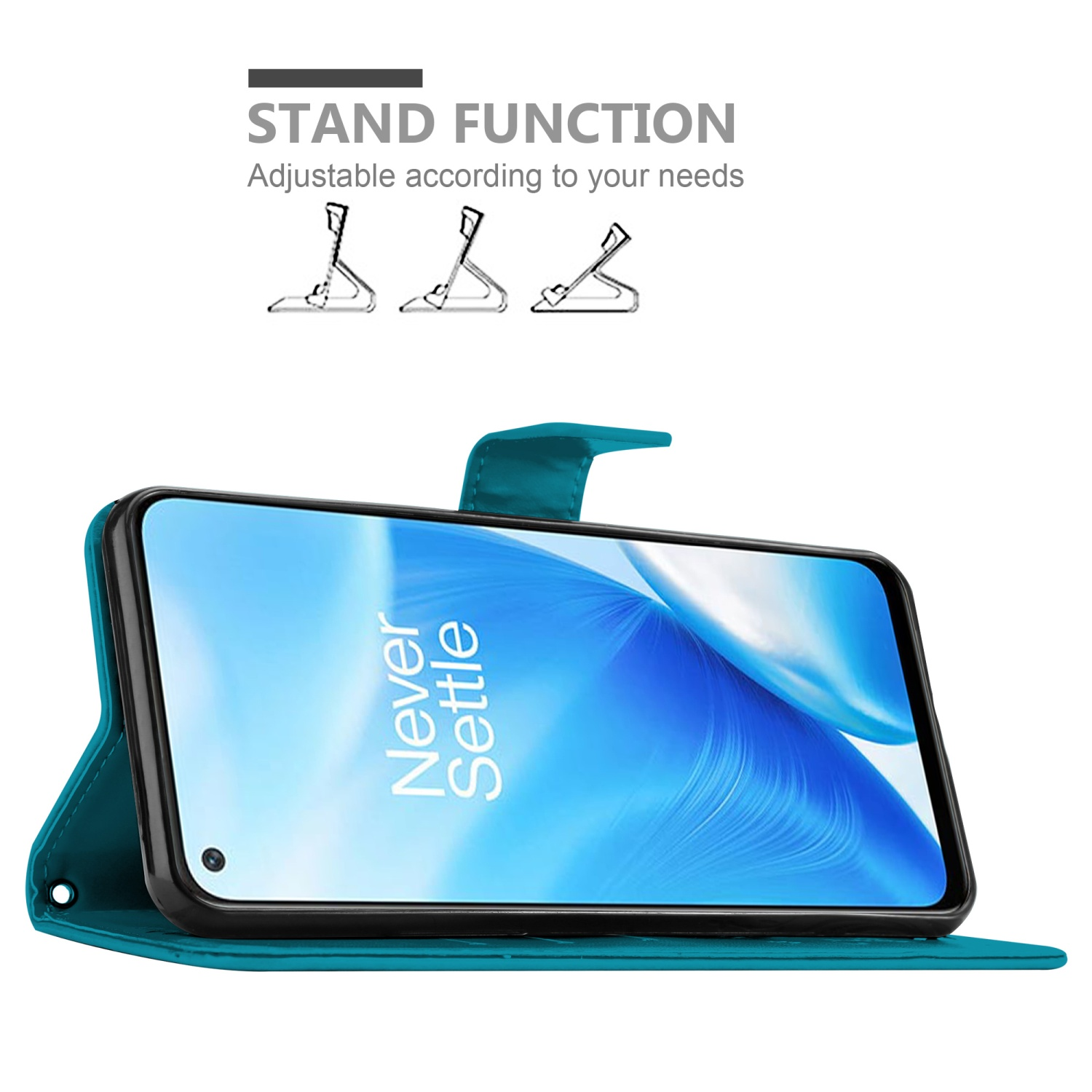 Custodia verde acqua per telefono, aperta, con telefono. Ha una funzione di supporto. Lo schermo mostra del testo.