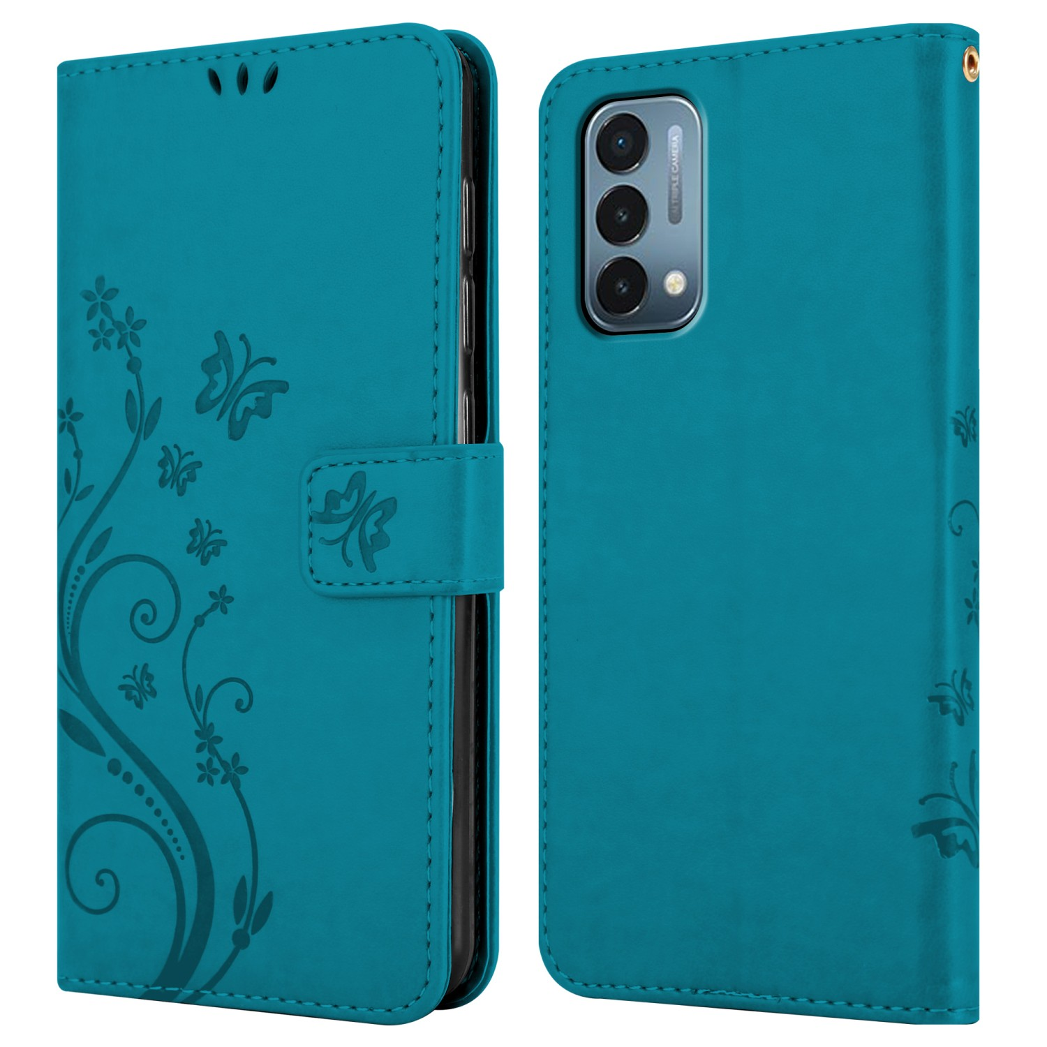 Custodia per telefono verde acqua, aperta e chiusa, con design floreale e a farfalla. Il retro ha una configurazione a tripla fotocamera.