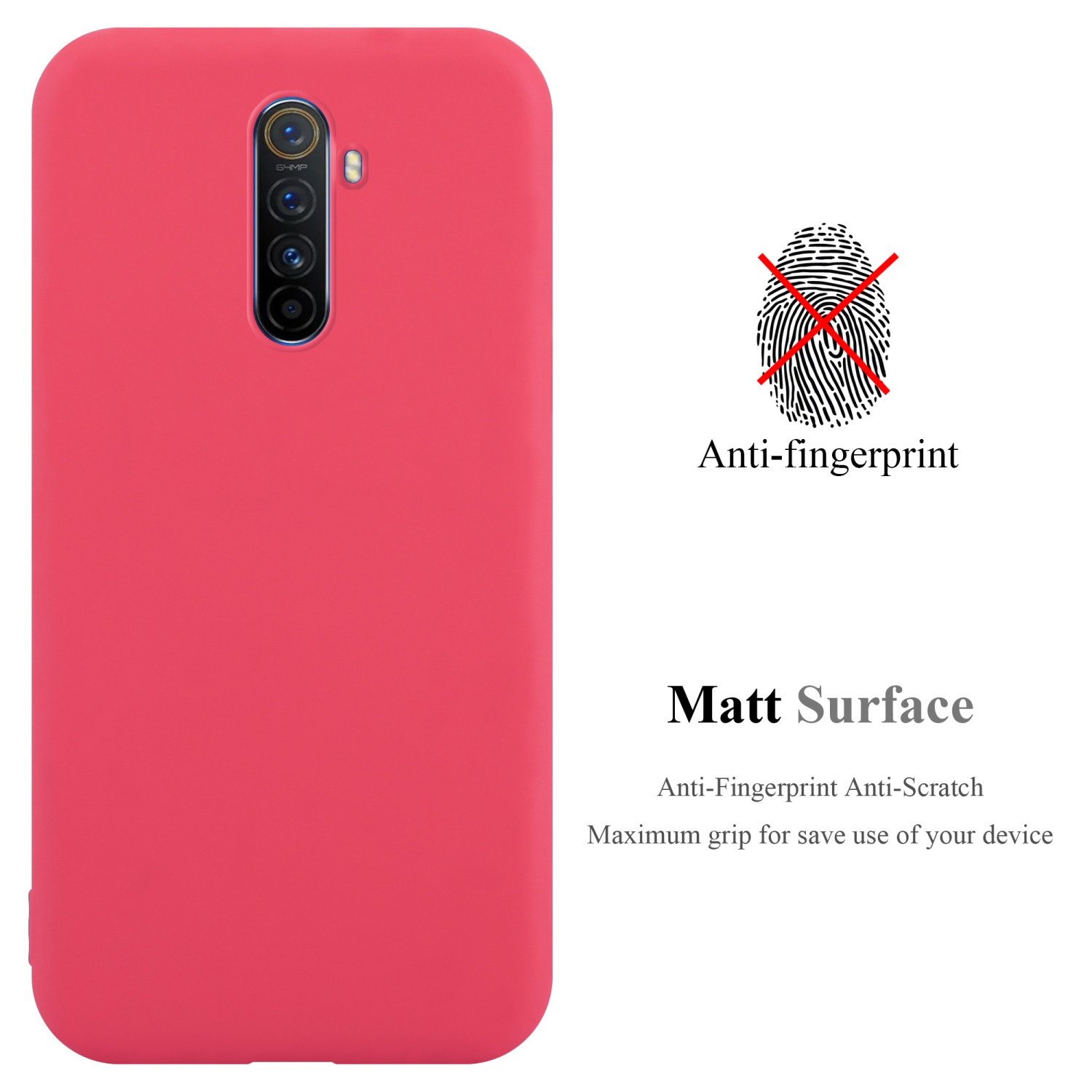 Una custodia per telefono rossa su sfondo bianco. C'è un testo che dice 'Anti-impronte digitali' e 'Superficie opaca'.