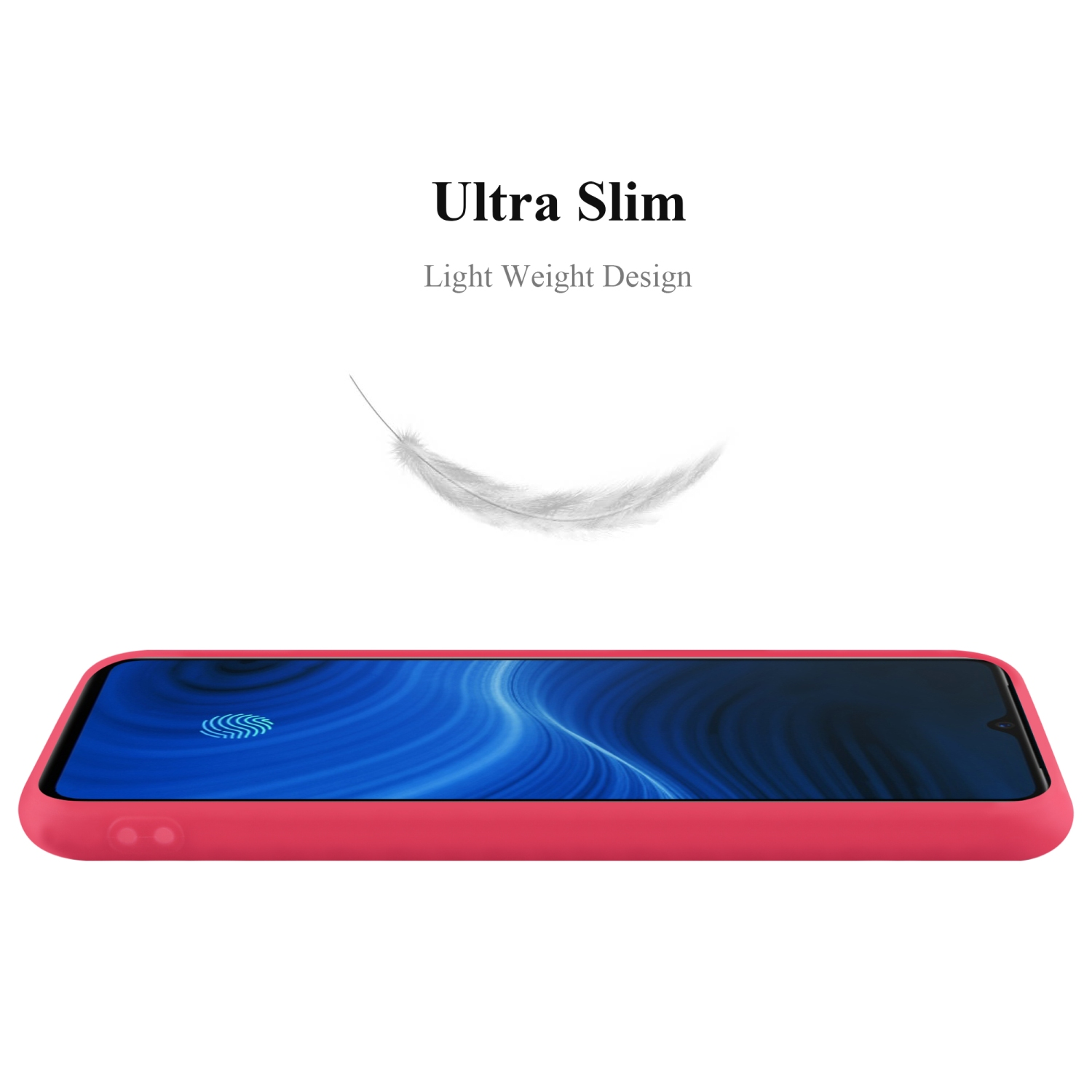 Una custodia rossa per telefono con un telefono all'interno, una piuma e il testo 'Ultra Slim Light Weight Design'.