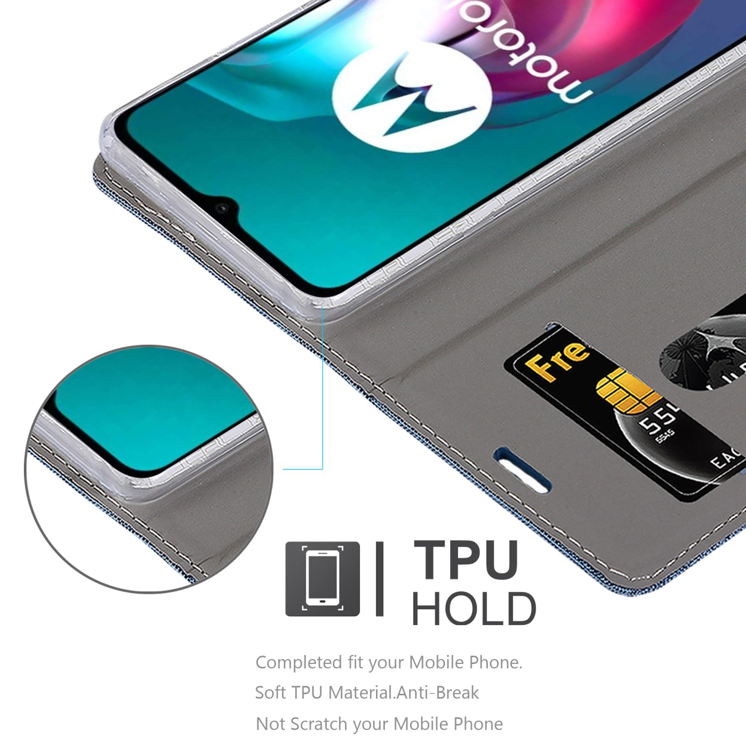 Telefono in una custodia con una carta. Testo: TPU HOLD.