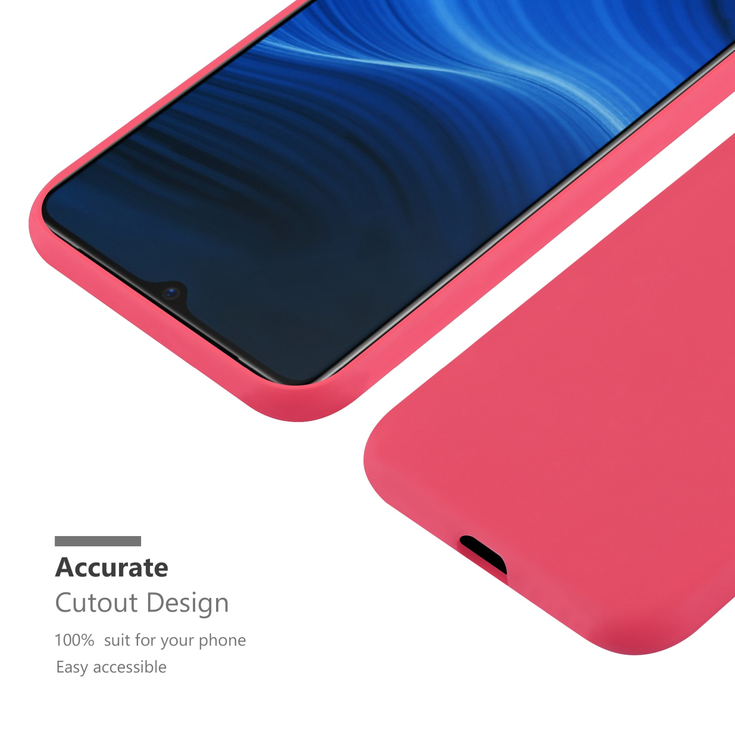 Telefono con custodia rossa. La custodia è rossa, design ritagliato. Il telefono è visibile e viene mostrato.