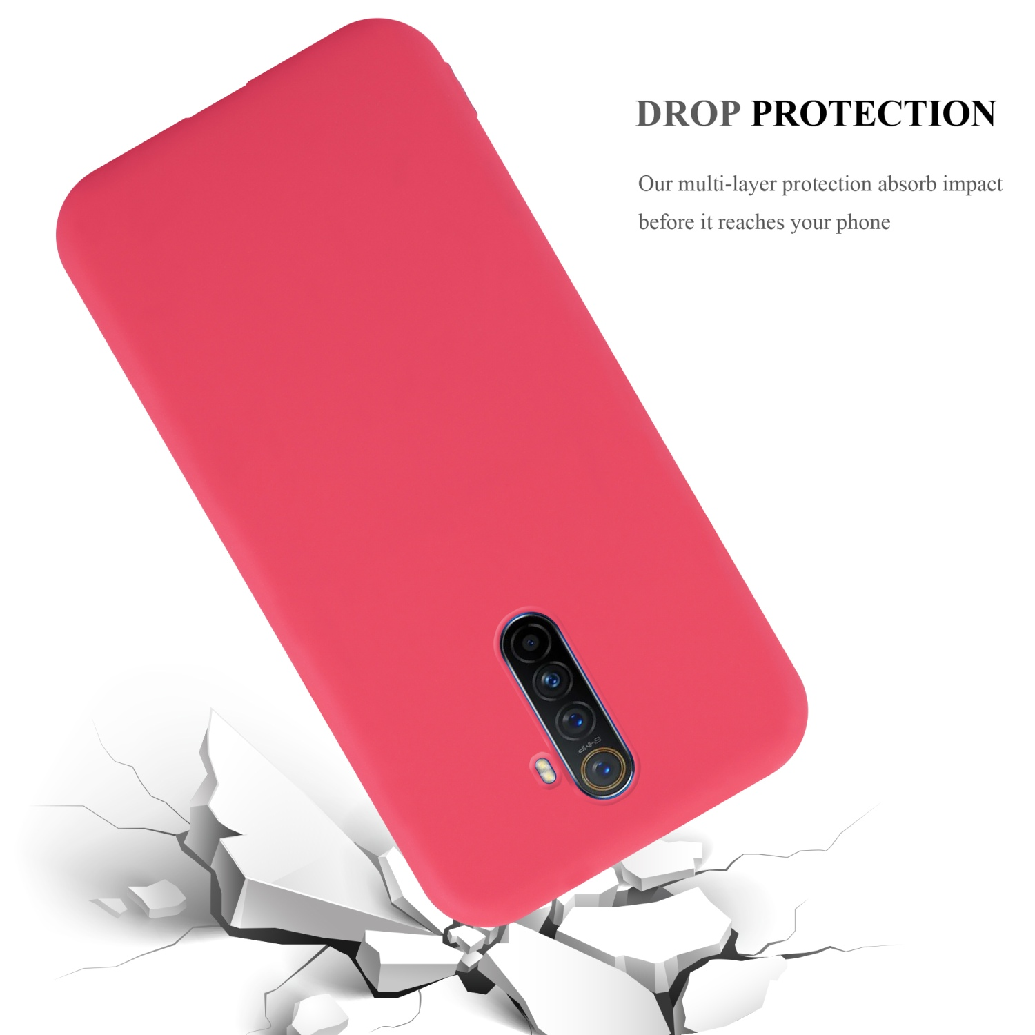 Viene mostrata una custodia rossa per telefono, con un telefono che scivola da una superficie, con crepe sottostanti. Si menziona la protezione dalle cadute.