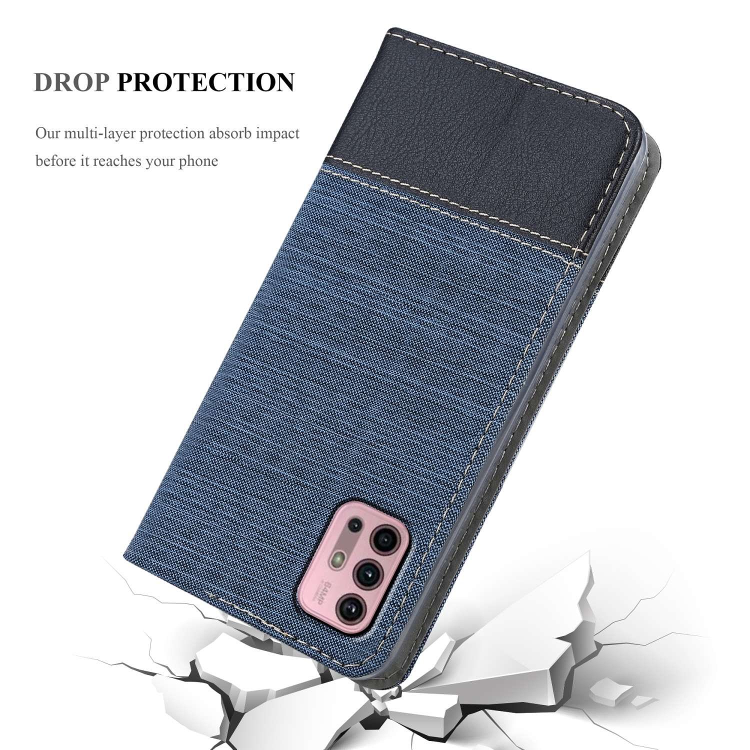 Una custodia per telefono in denim e nera è aperta, con un telefono visibile. Il testo recita Protezione dalle cadute. La custodia è su un terreno di pietra.