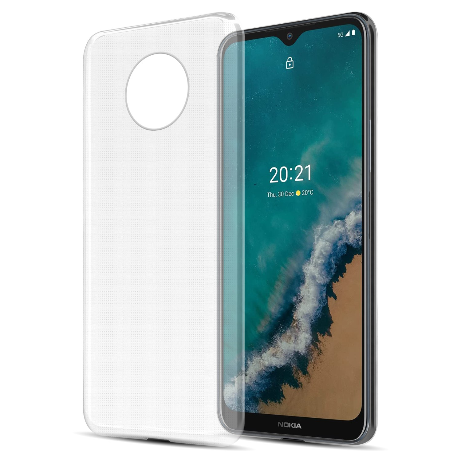 Transparente Handyhülle mit Telefon. Das Telefon zeigt eine Anzeige.