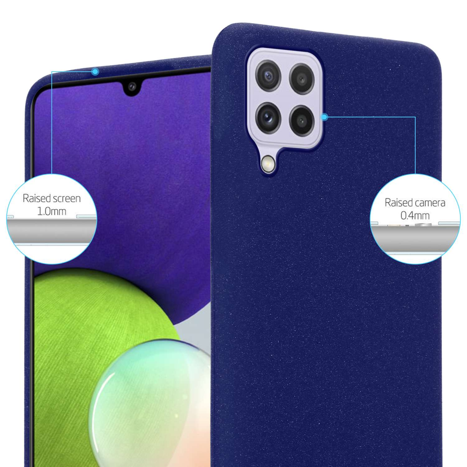 Una custodia per telefono blu navy, con lo schermo e l'area della fotocamera rialzati, con un display del telefono viola.