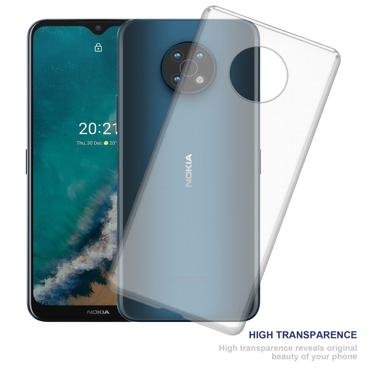 Telefon mit klarer Hülle, Text: HOHE TRANSPARENZ.