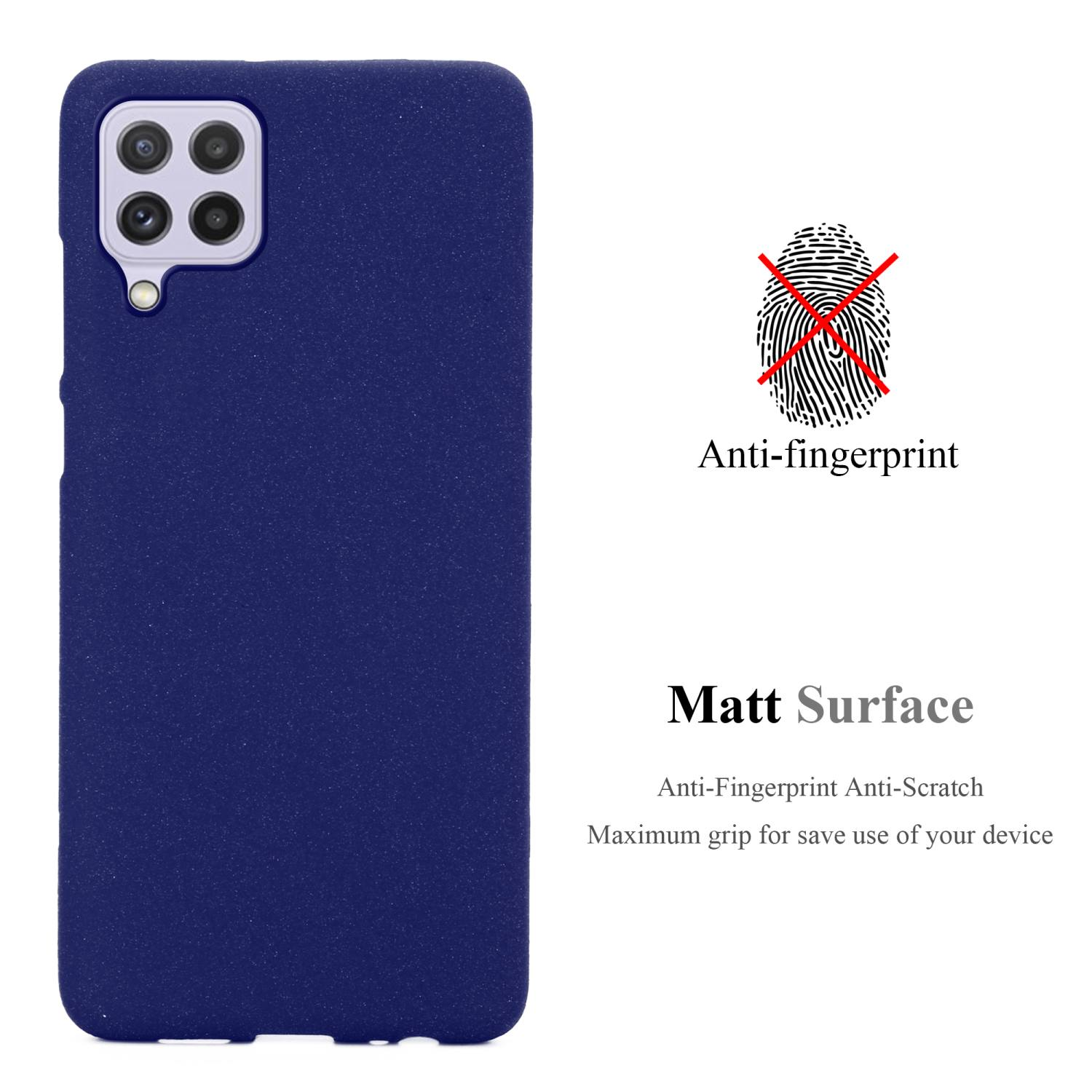 Una custodia blu navy per telefono con un telefono all'interno, con caratteristiche anti-impronta e superficie opaca.