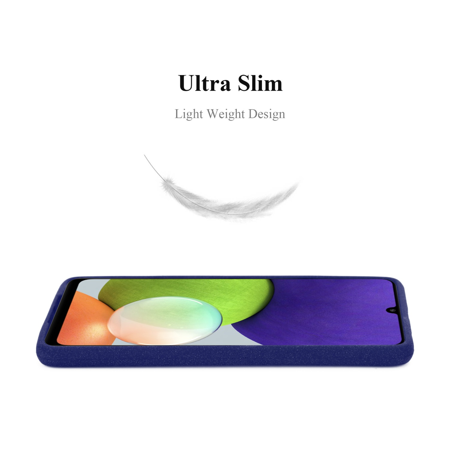 Custodia blu con telefono. Design ultrasottile e leggero.