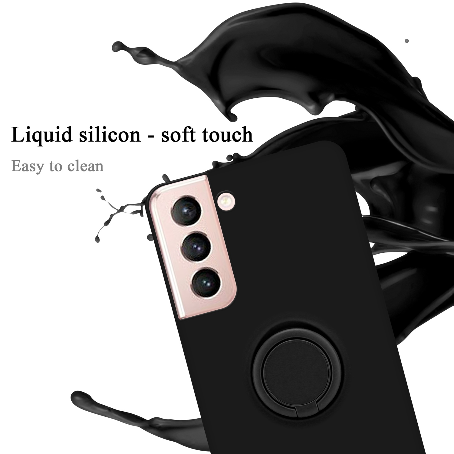 Custodia per telefono nera con anello di supporto. Schizzo di liquido nero dietro il telefono.