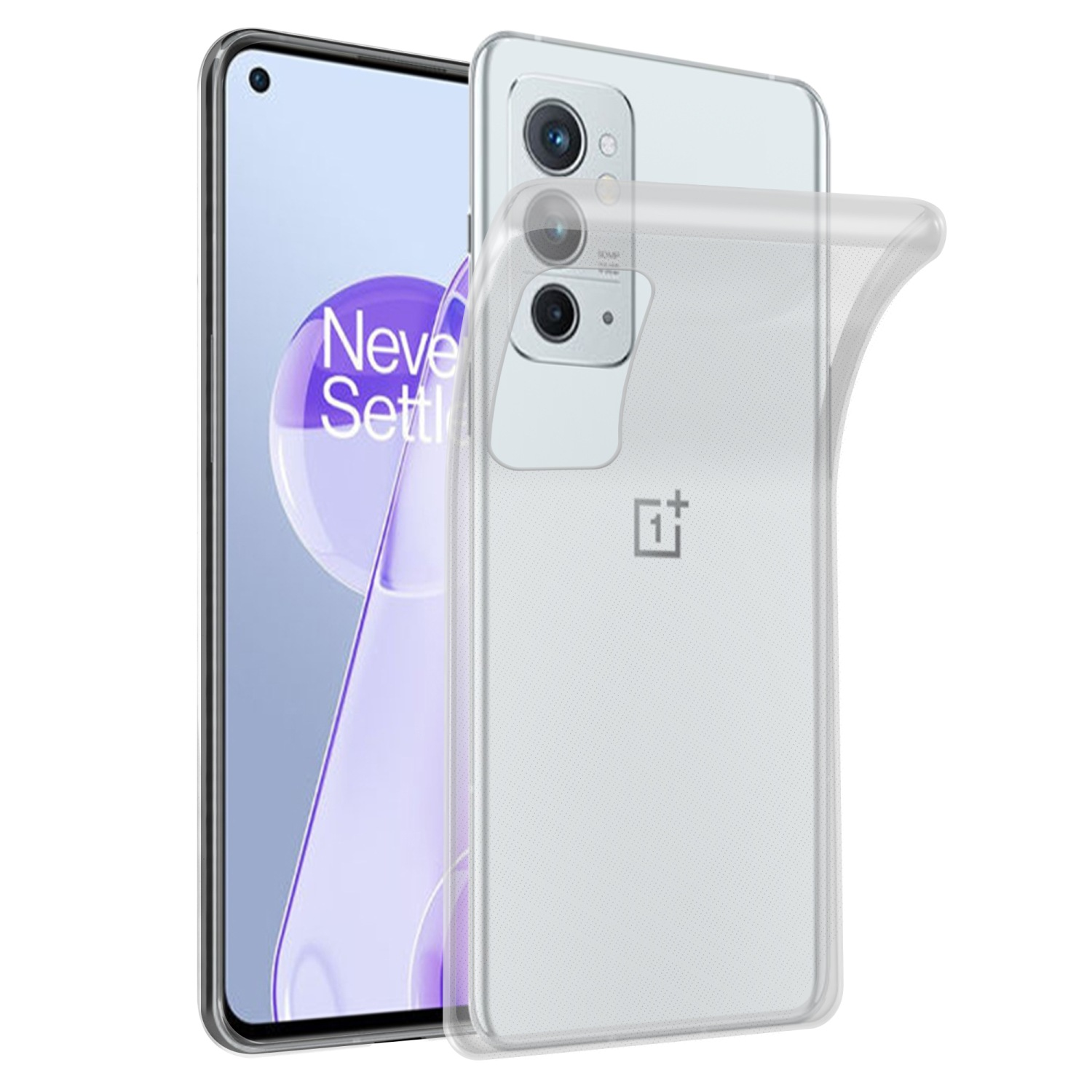 Telefono coperto con custodia trasparente. Il telefono è di colore bianco. Custodia trasparente sul telefono.