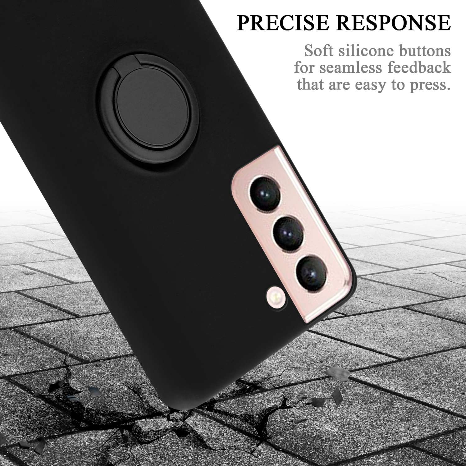 Custodia per telefono nera con anello e fotocamera. Sfondo di piastrelle grigie e bianche incrinate.