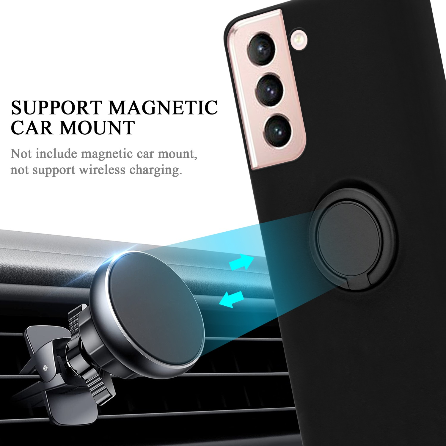 Custodia per telefono nera con supporto magnetico per auto. La custodia ha un portanello e tre fotocamere.