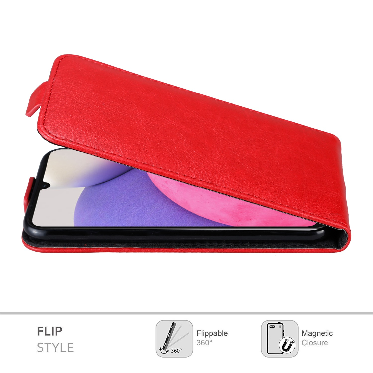 Custodia a flip rossa, aperta. Testo: Stile flip. Icone: Girevole a 360°, Chiusura magnetica.
