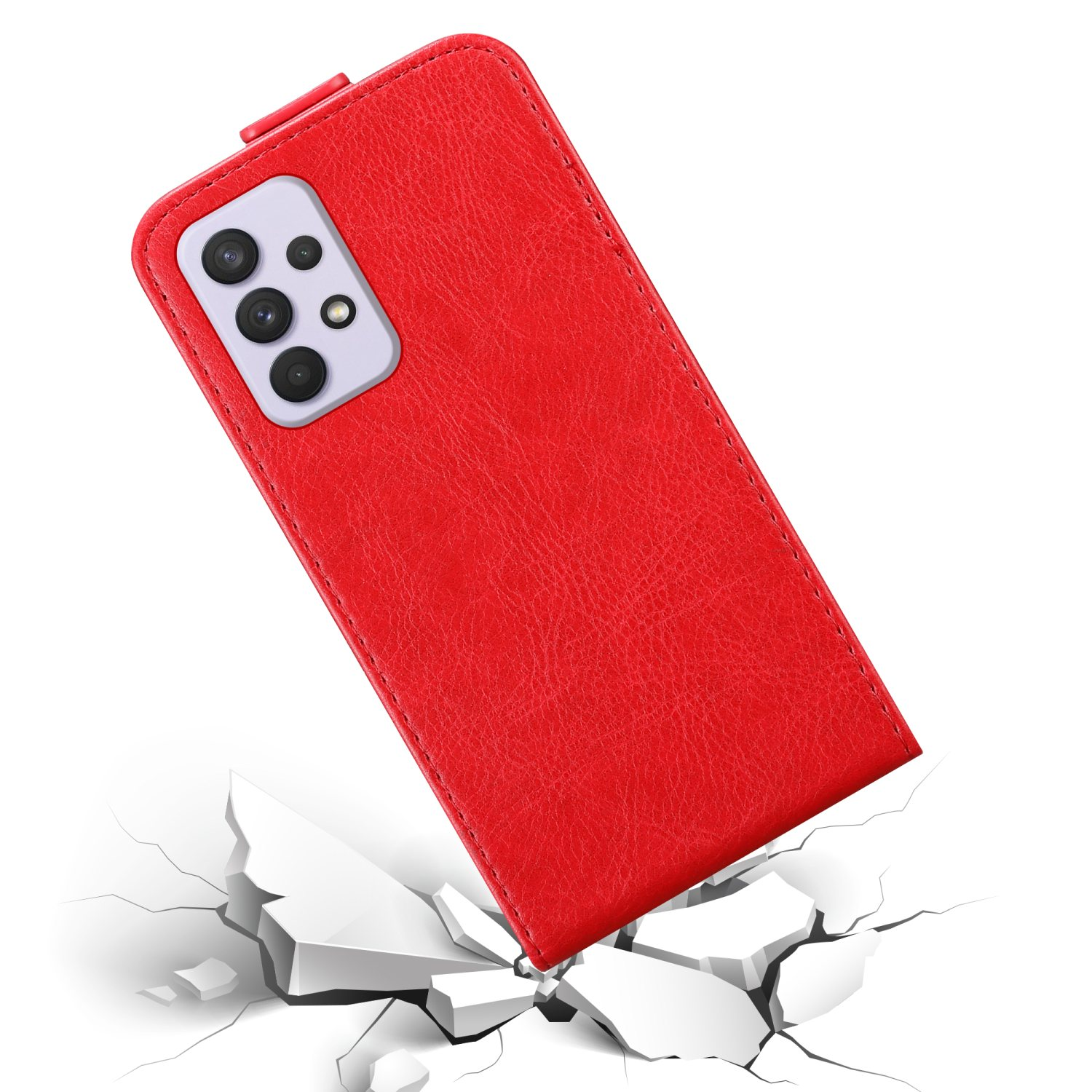 Custodia rossa per telefono che cade, rompendo la superficie sottostante. La custodia è in pelle, il telefono non è visibile.