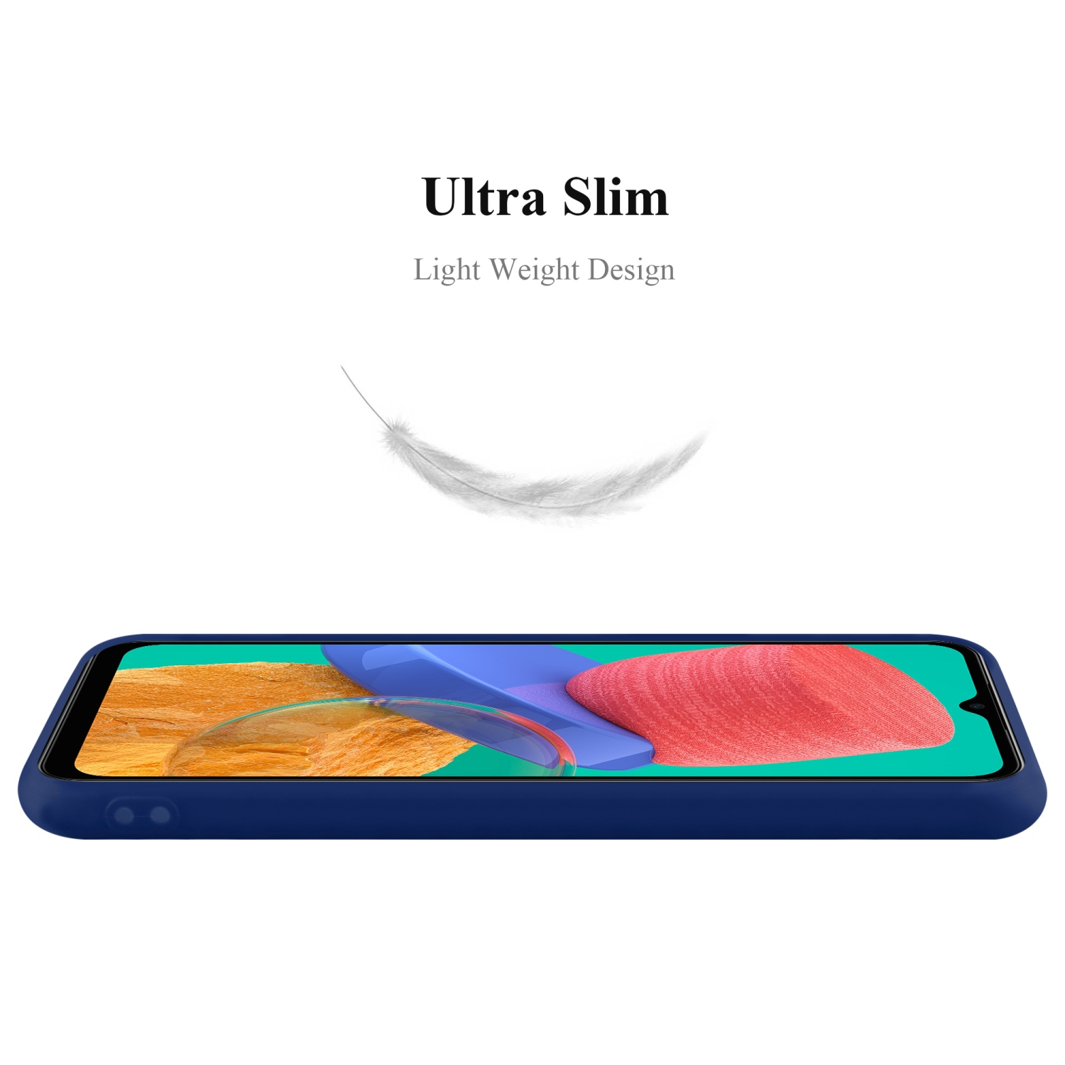 Custodia blu per telefono con telefono e piuma. Lo sfondo è bianco.