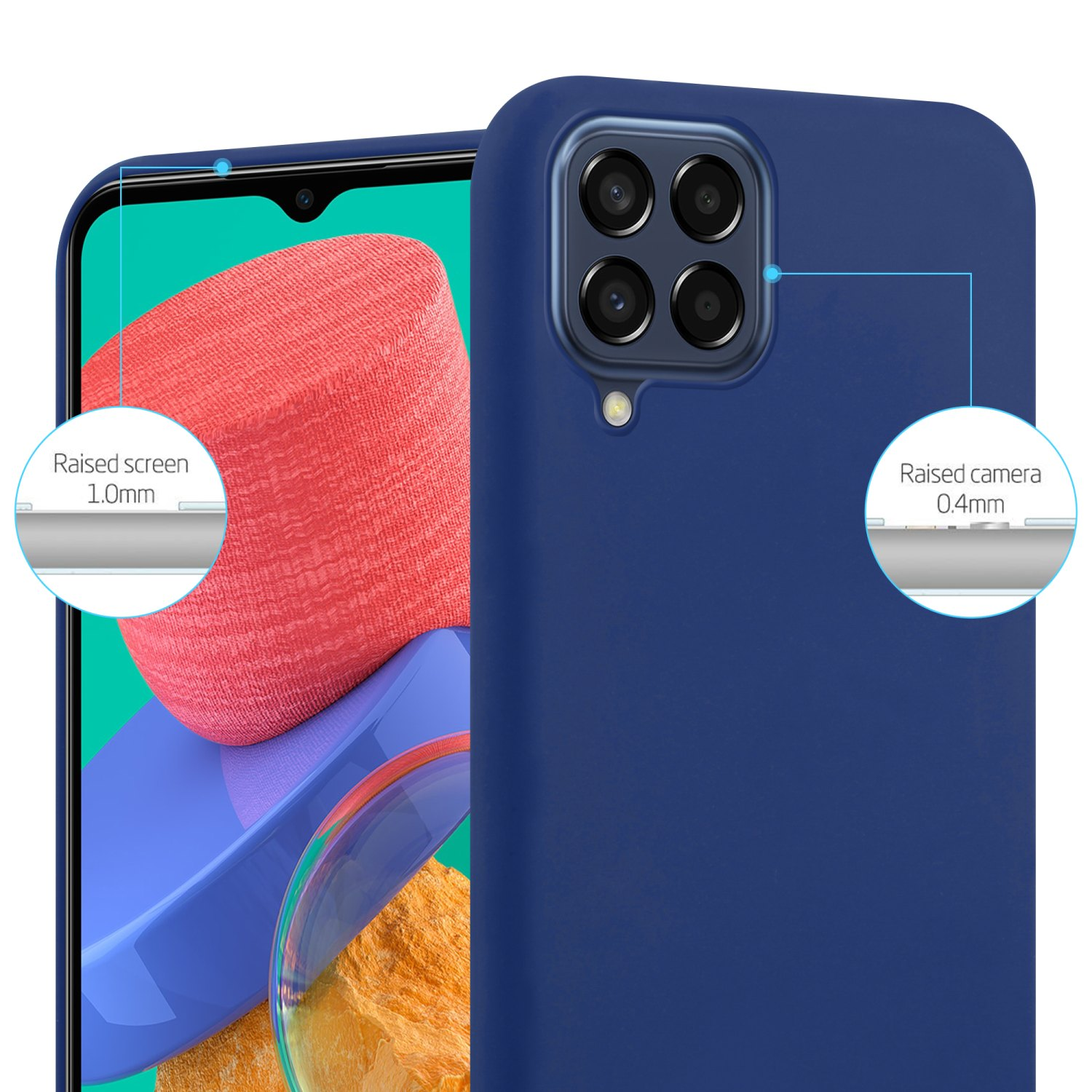 Custodia blu navy, dettagli frontali e fotocamera. Schermo e fotocamera rialzati.