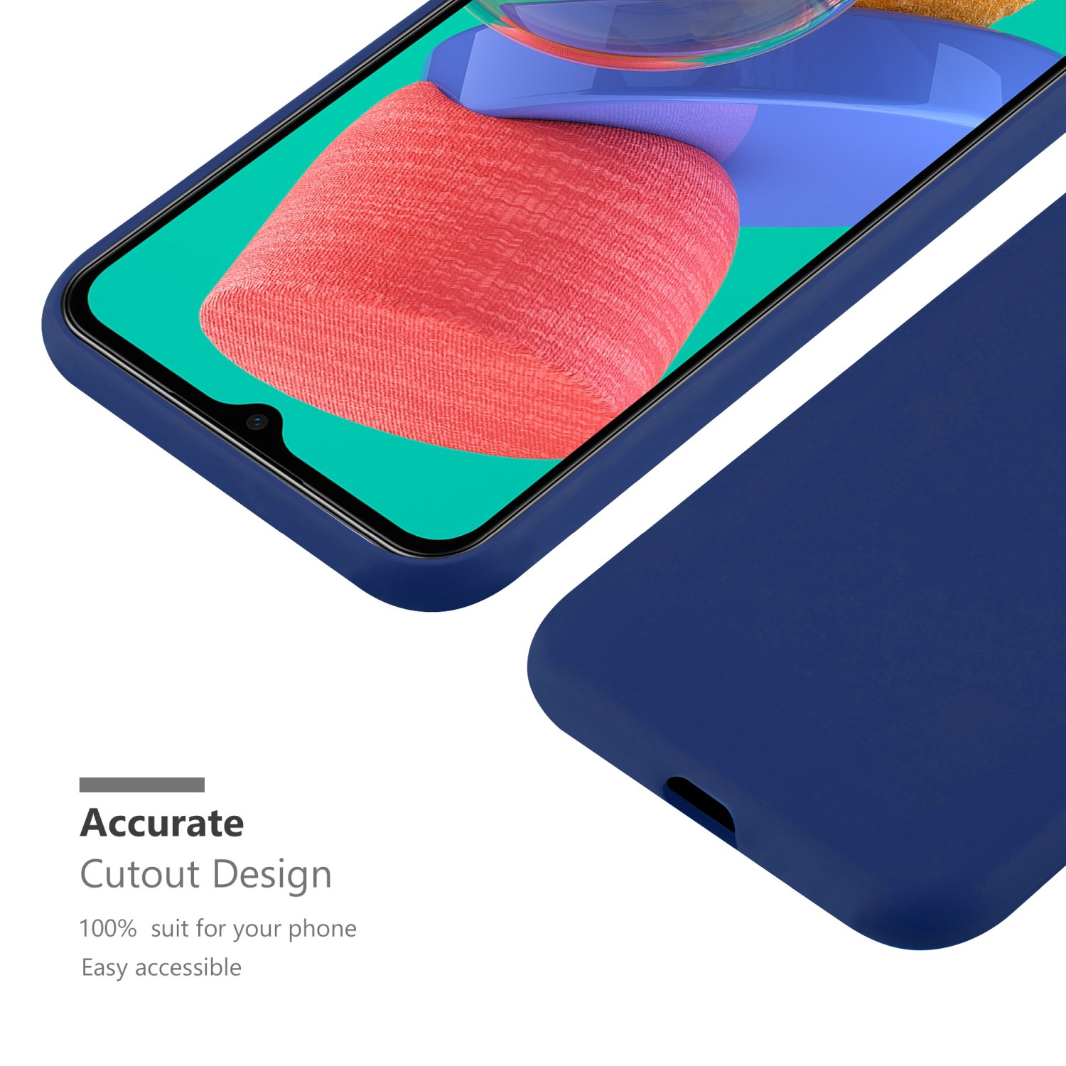 Primo piano di una custodia per telefono blu navy e un telefono. La custodia è ritagliata per il telefono.