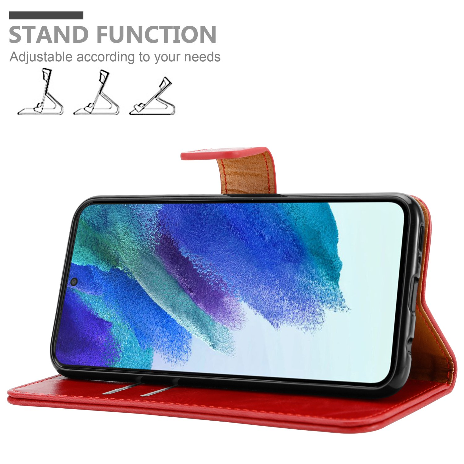 Rote Handyhülle offen mit Telefon. Telefon hat Display. Standfunktion-Symbole oben.