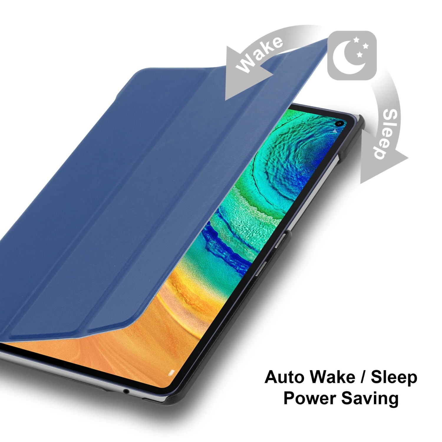 Custodia blu con funzione sveglia/sospensione. Testo: Risparmio energetico di attivazione/sospensione automatica.