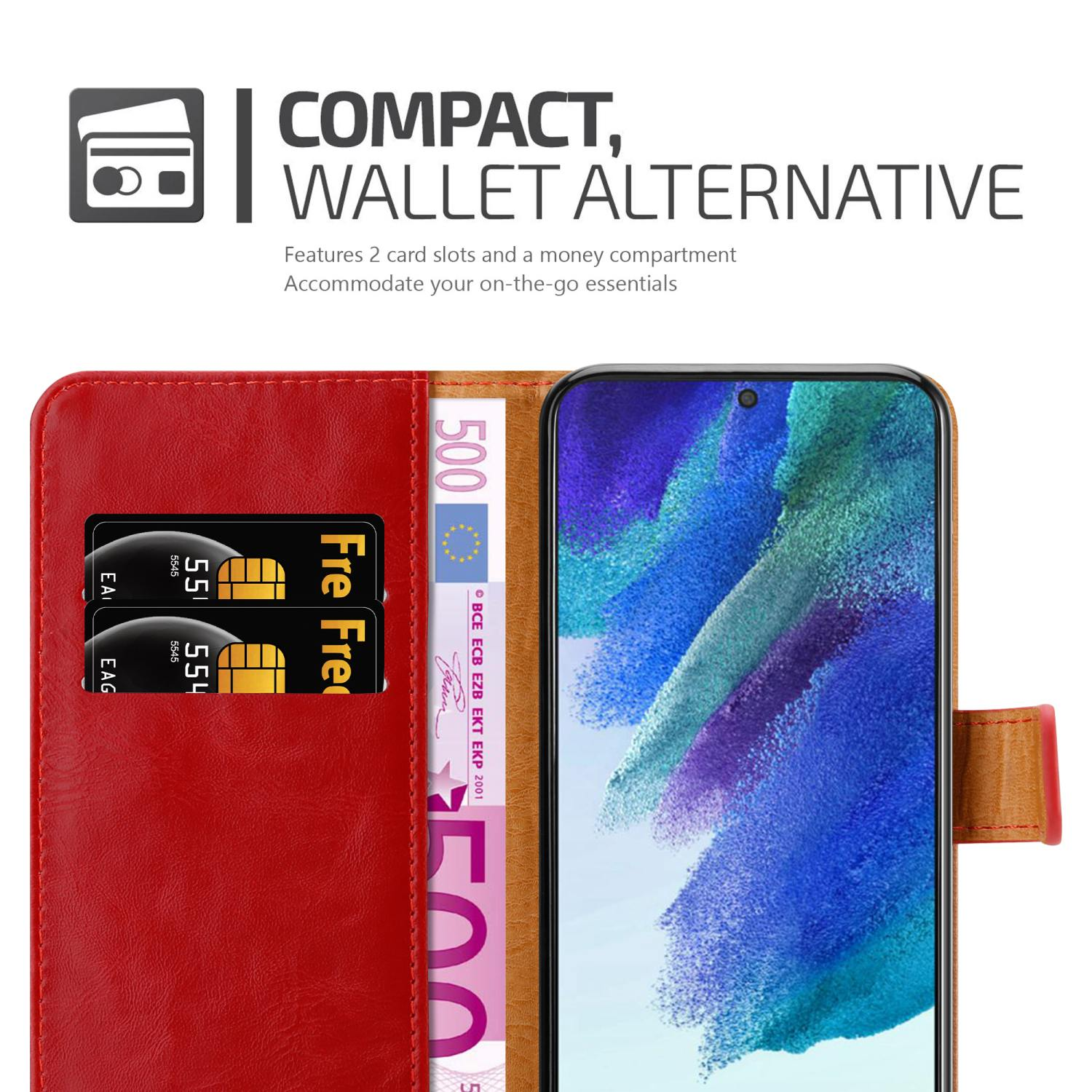 Rote Brieftaschen-Handyhülle mit Karten und Geld.