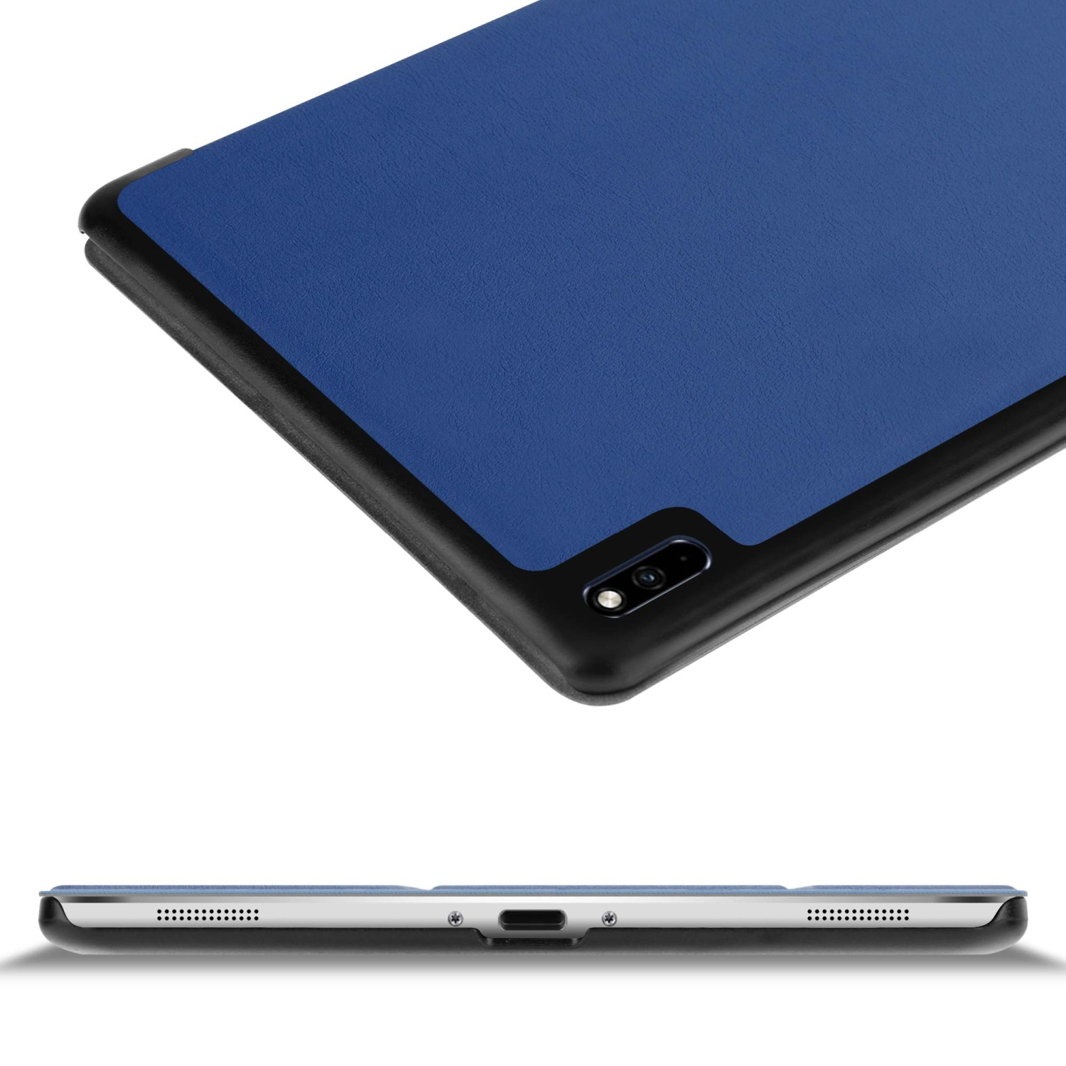 Una custodia per telefono nera con interno blu, leggermente angolata, che mostra una fotocamera.