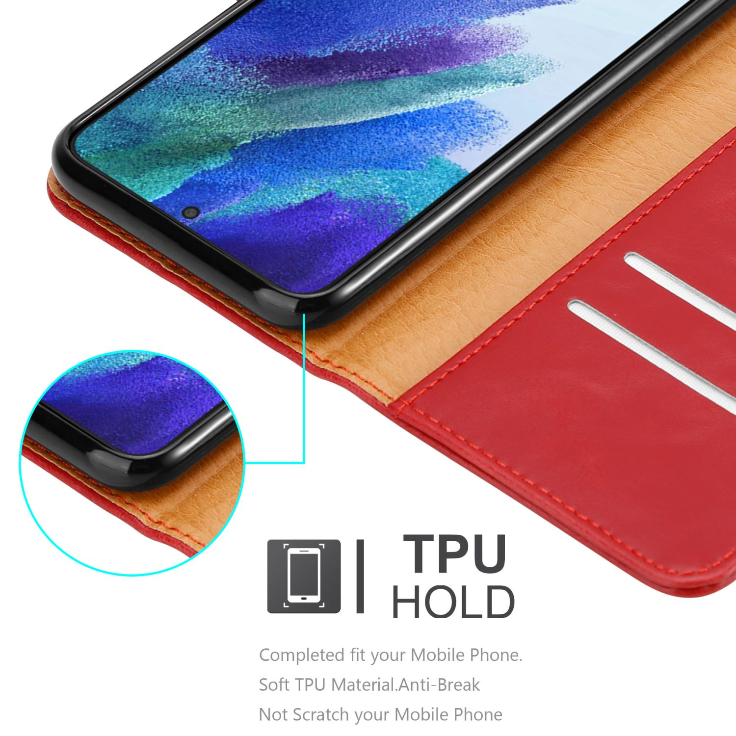 Rote Handyhülle offen, Telefon innen. Text: TPU Hold. Passgenau. Weiches TPU-Material. Anti-Bruch, nicht kratzen.