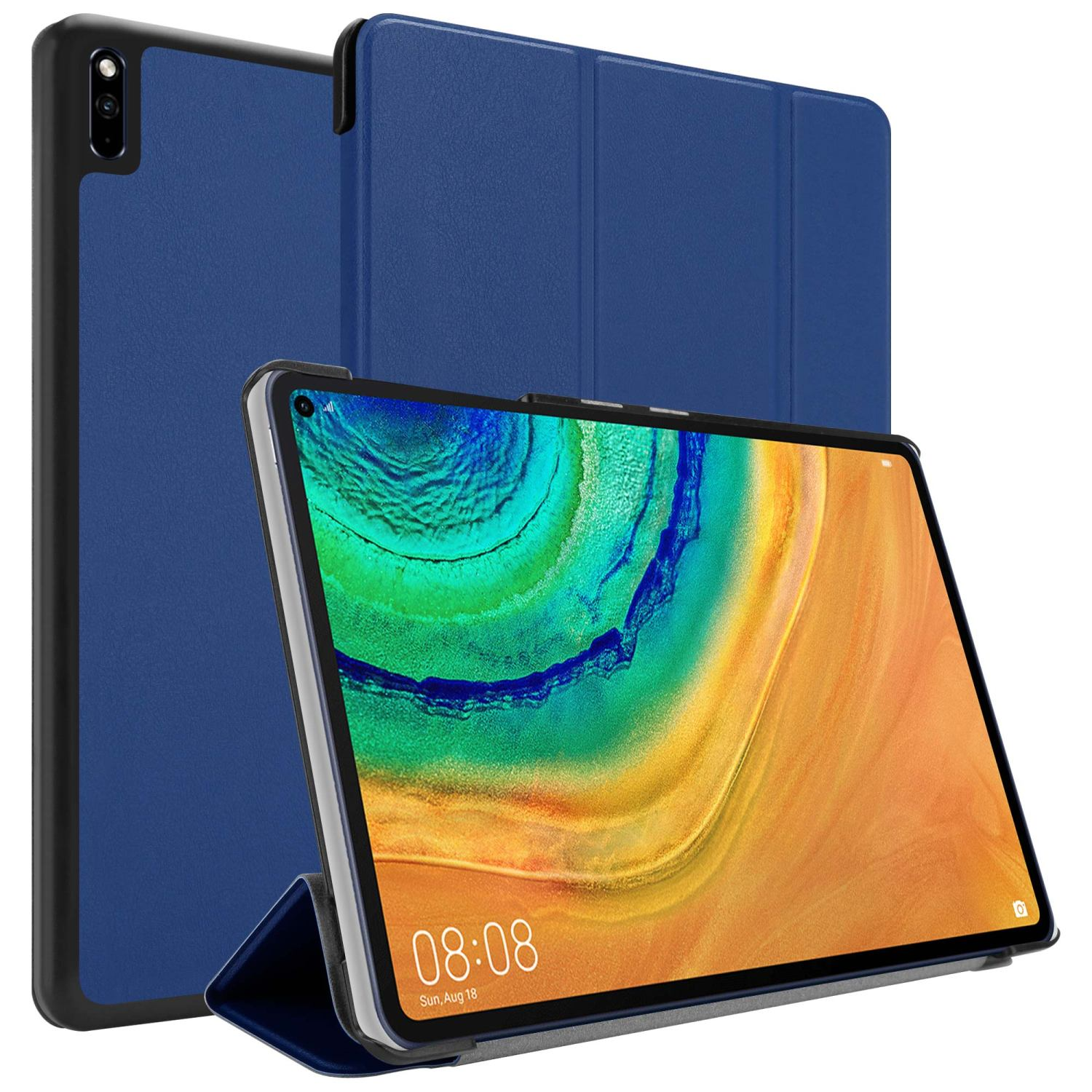 Tablet in custodia blu, in piedi, con retro blu e schermo che mostra un paesaggio arancione, sfondo bianco.