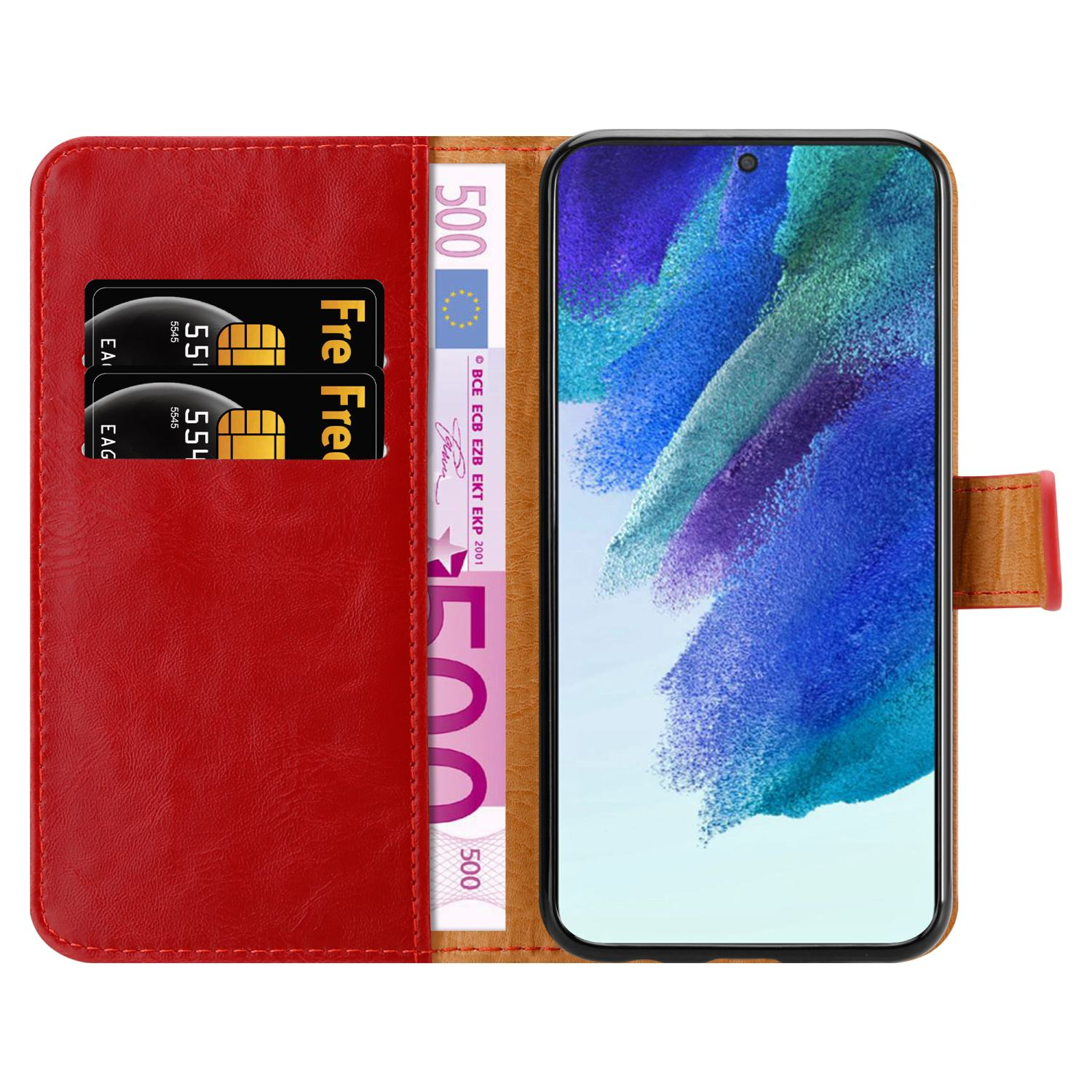 Rote Brieftaschen-Handyhülle, offen mit Telefon und Karten darin, mit Euro-Banknoten.