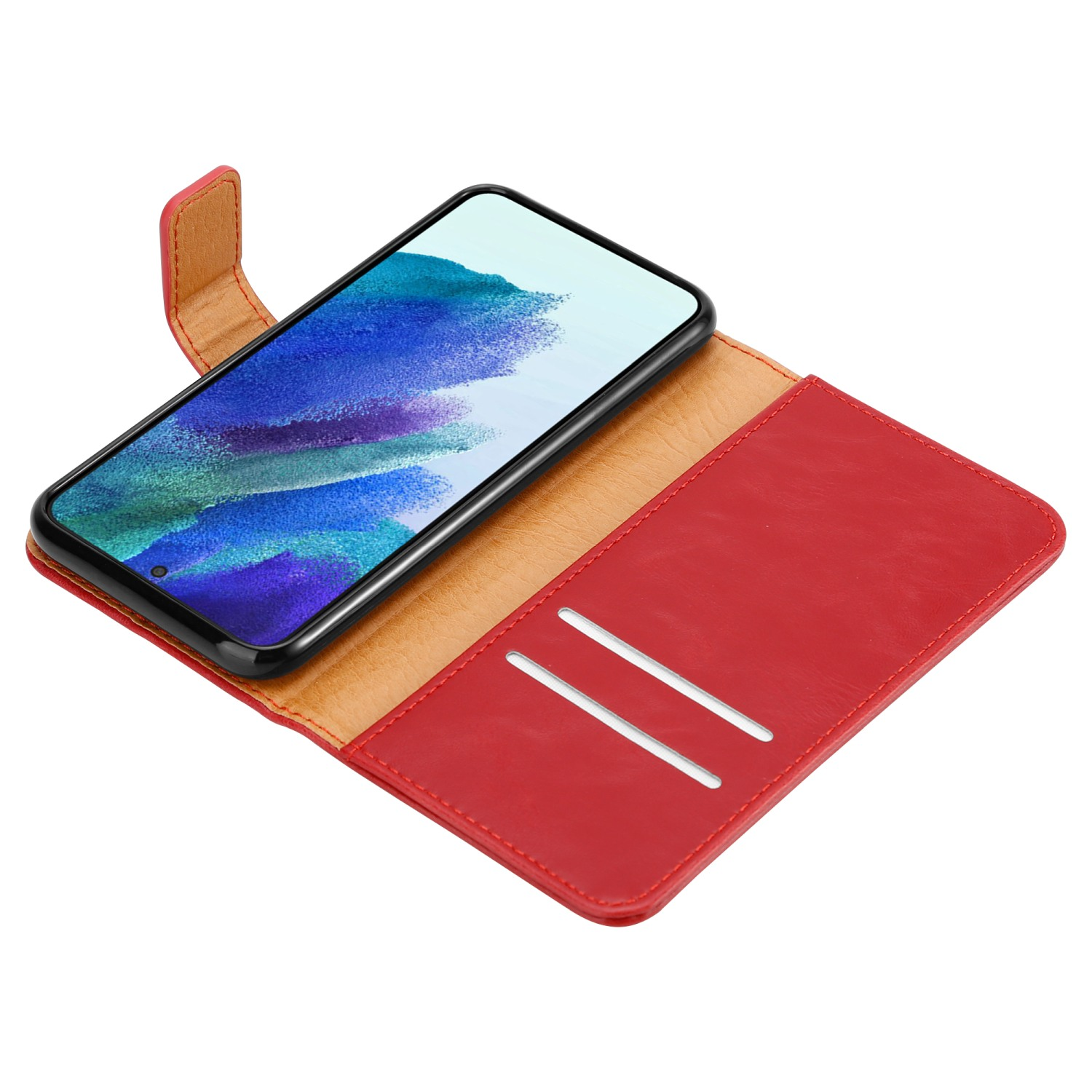 Rote Handyhülle mit Telefon. Telefonbildschirm sichtbar. Kartenfächer gezeigt.