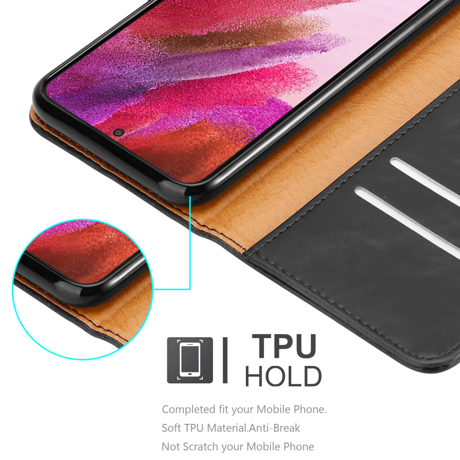 Custodia per telefono nera e marrone con telefono all'interno ed etichetta TPU HOLD.