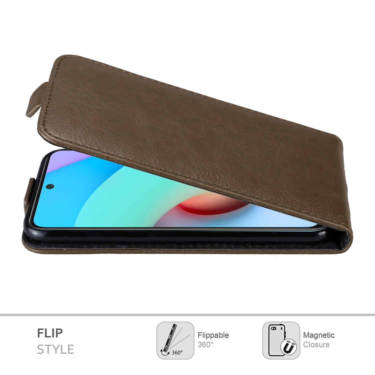 Custodia marrone con telefono. Stile flip e 360°.