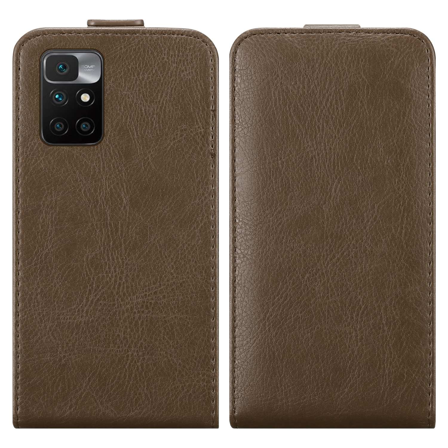 Vengono mostrate due custodie per telefoni in pelle marrone. Una ha l'intaglio della fotocamera, l'altra mostra il retro.