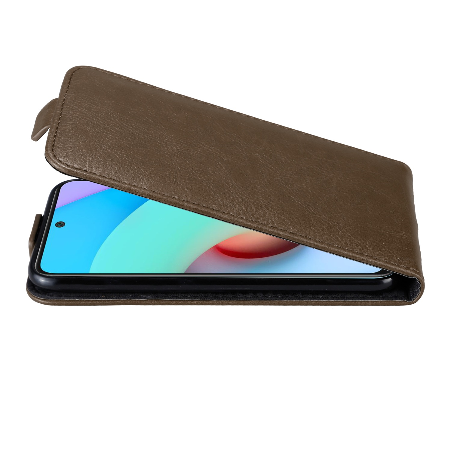 Una custodia per telefono in pelle marrone è aperta, mostrando un telefono con uno schermo che mostra un'immagine astratta colorata.
