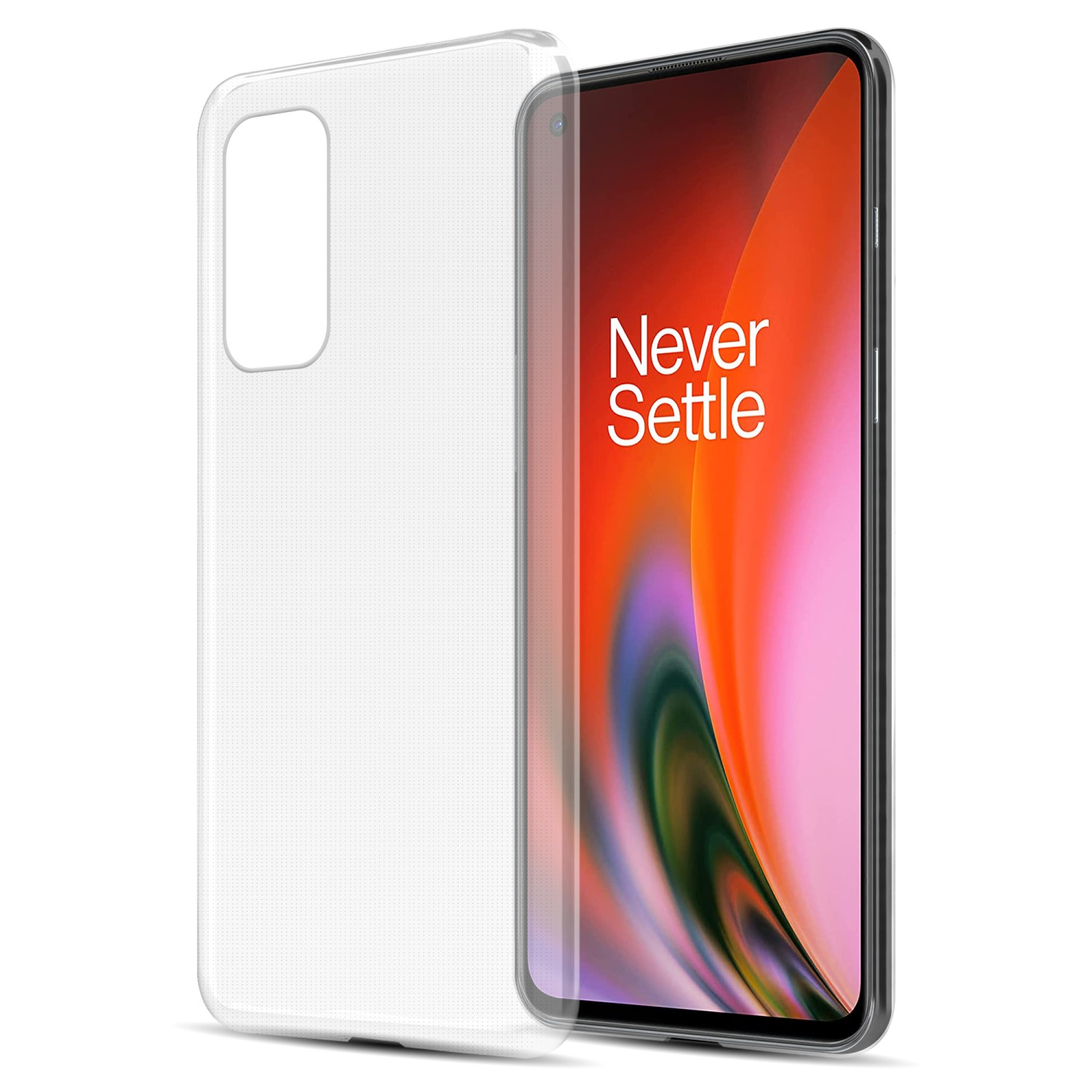 Transparente Handyhülle, zeigt ein Telefon mit farbenfrohem Hintergrund und Text 'Never Settle'.