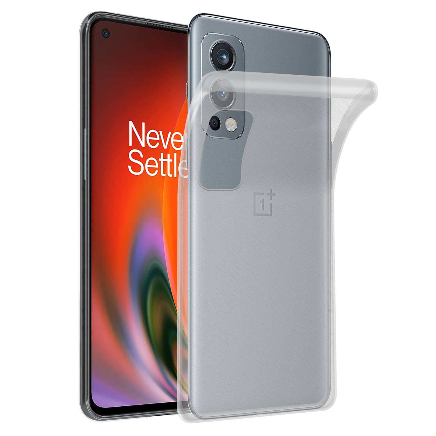 Ein Telefon und eine transparente Hülle. Das Telefon befindet sich links und die Hülle rechts. Das Wort Never Settle ist sichtbar.