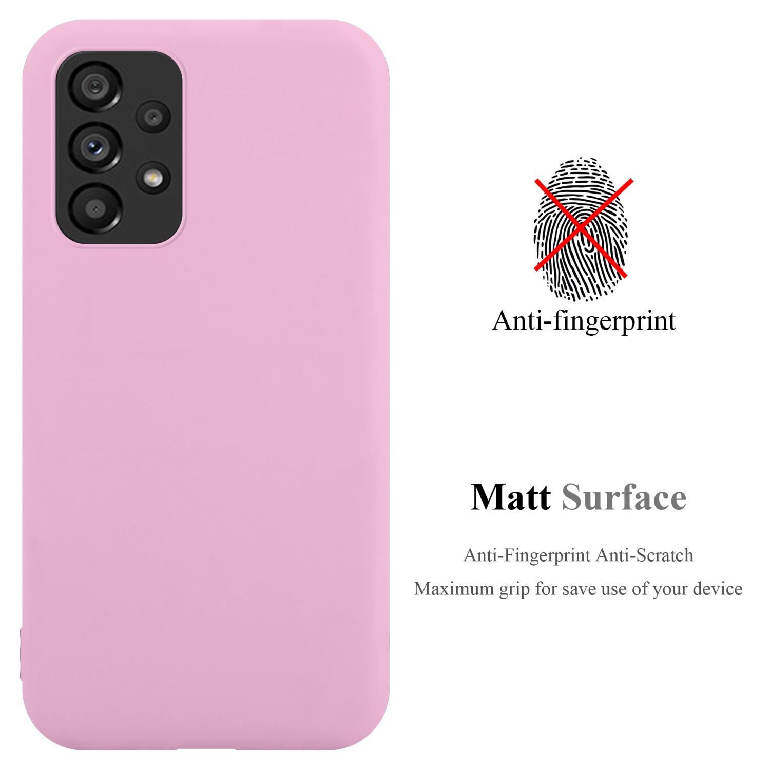 Custodia rosa per telefono con fotocamera. Testo anti-impronte digitali e descrizione della superficie opaca. Sfondo bianco.