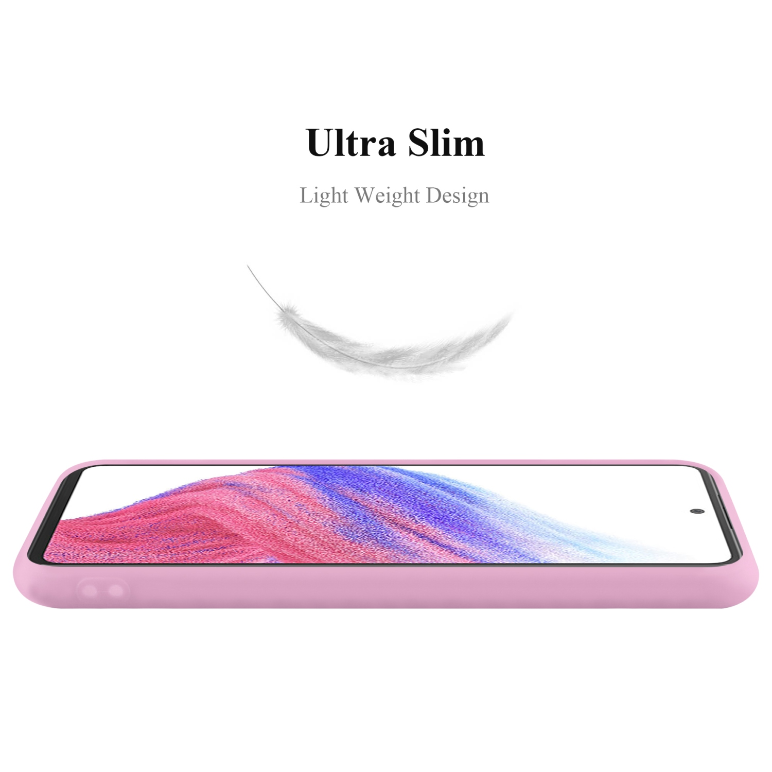 Custodia per telefono rosa con una piuma bianca che fluttua sopra, testo 'Ultra Slim' e 'Light Weight Design'.