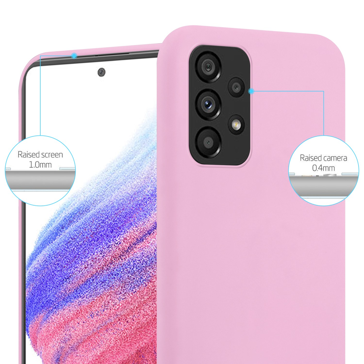 Custodia per telefono rosa con telefono all'interno. Evidenzia lo schermo rialzato e la protezione della fotocamera con etichette.
