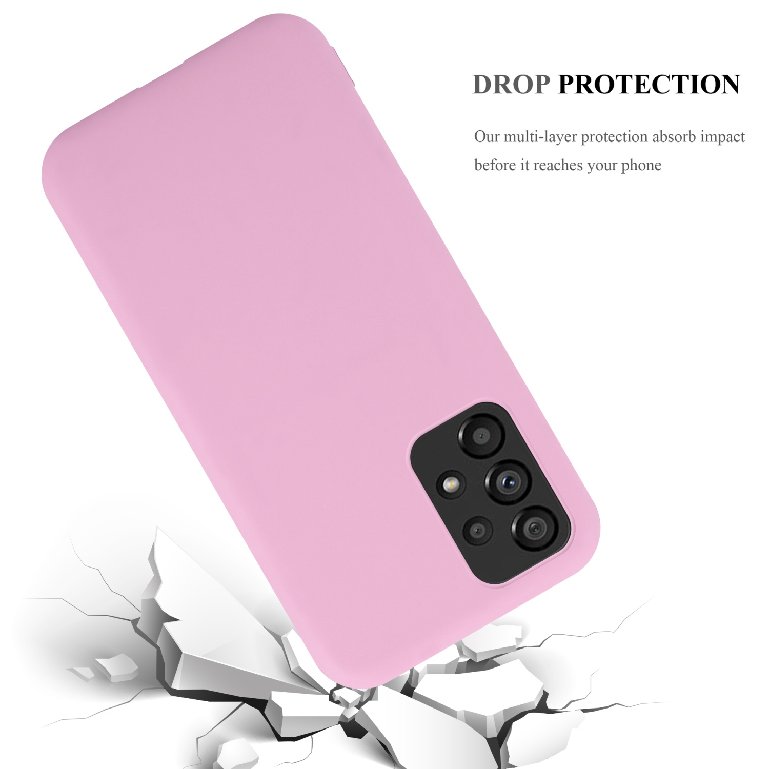 Custodia rosa per telefono con telefono all'interno. Protezione dalle cadute, su superficie incrinata.